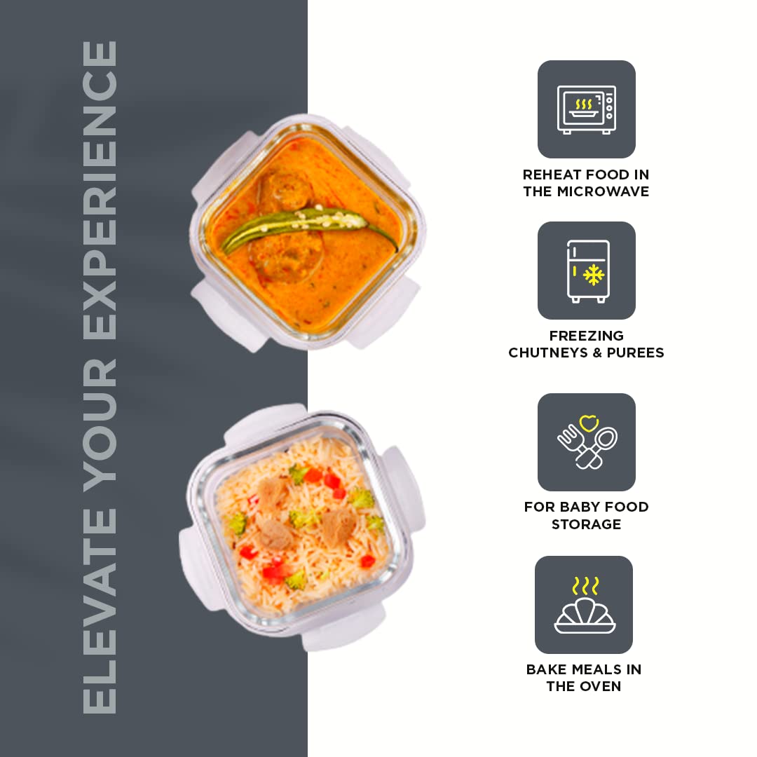 SOPL-OLIVEWARE Prism Borosilicate Glassware Square Lunchbox, Microwave Proof, Napkin & Steel Spoon, Set of 2 with 320ml Each - Grey