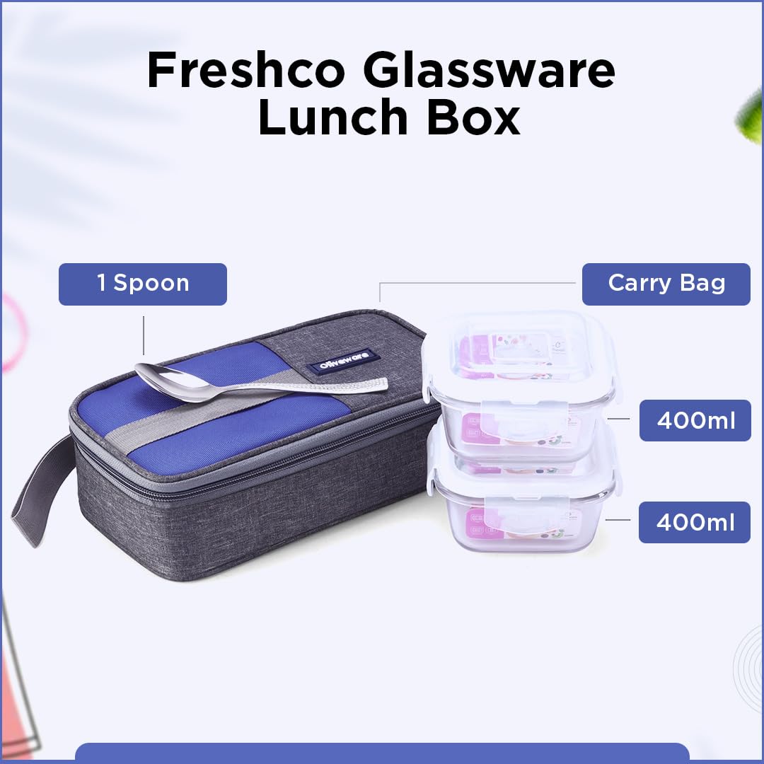 SOPL-OLIVEWARE Freshco Glassware Lunchbox, Borosilicate Glass & Microwave Proof, Safety Lock Airtight Lid, 2 Container with Steel Spoon (320ml) Each - Blue