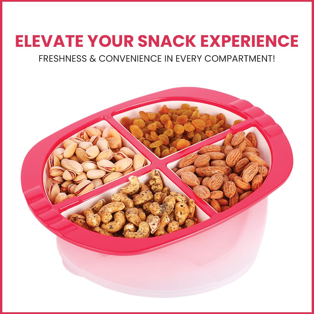 Oliveware Pearl Square Tray with Airtight Lid for Serving Dry Fruits, BPA Free, Storage & Serving Snacks, Dry Fruits, Biscuits, Candy, 4 Compartments (4x150 ml) - Red