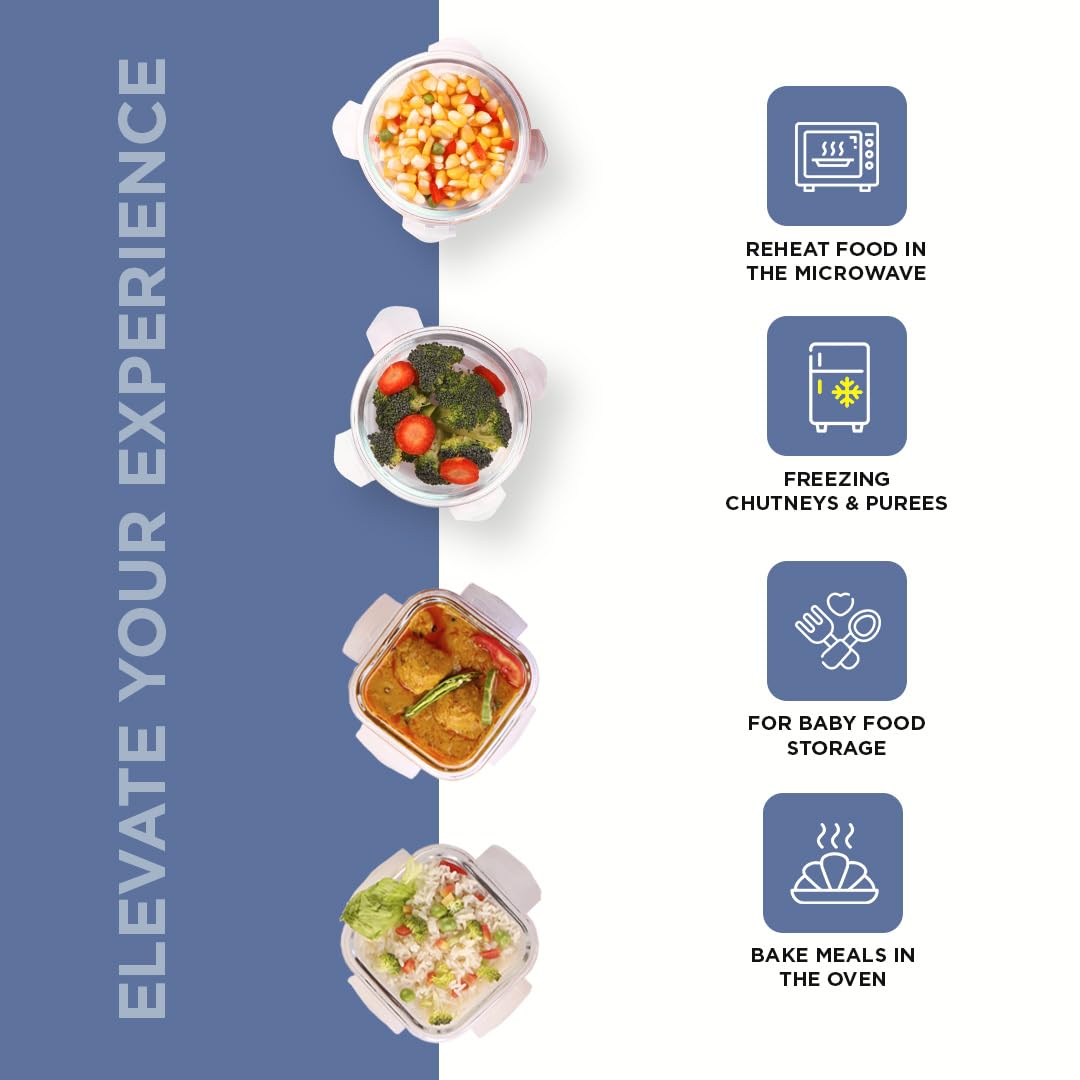 SOPL-OLIVEWARE Olive Glass Lunch Box, Insulated Fabric Bag, Leak Proof & Microwave Safe, Borosilicate Glass, Set of 4 (2 * 320ml & 2 * 400ml) - Blue