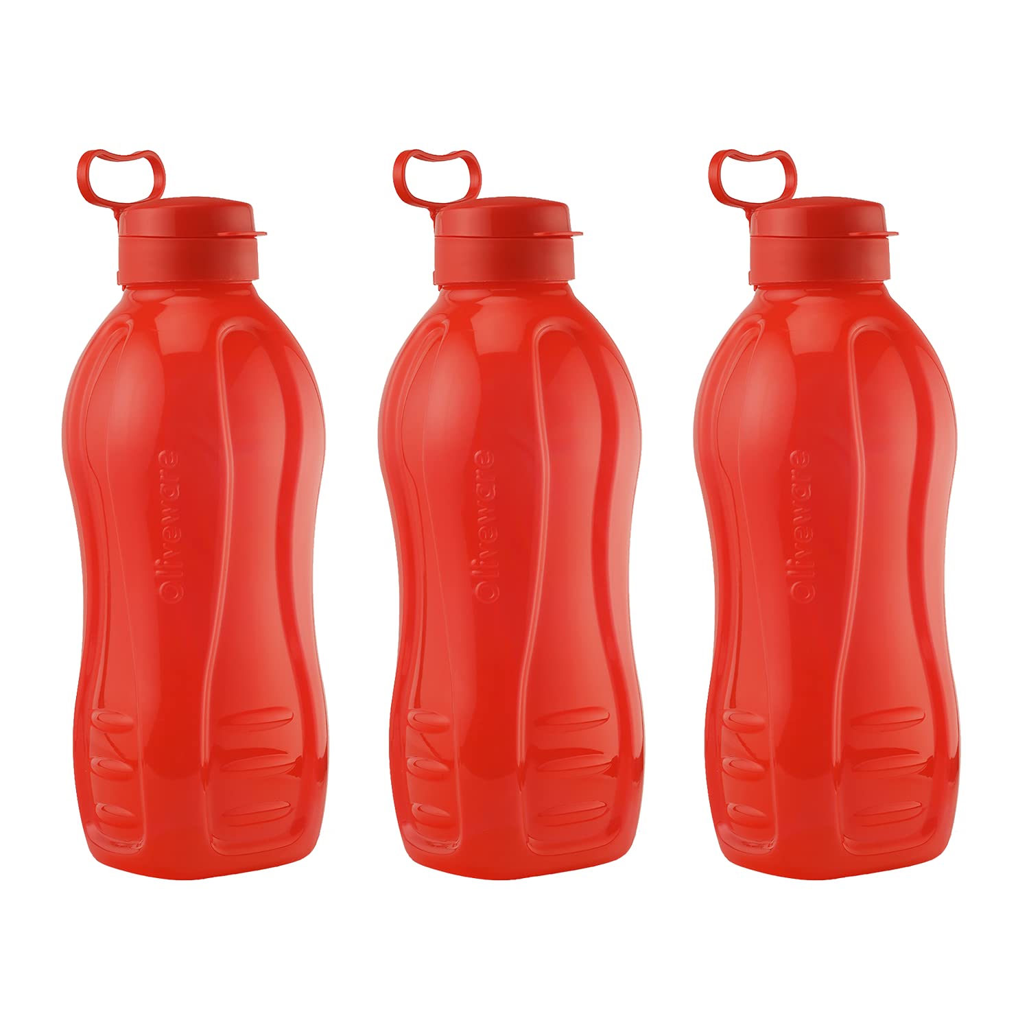oliveware Jumbo 2 Litre Water Bottle, 100% Leak Proof, BPA Free Premium Plastic Bottle, for Home, Office & Gym, Sturdy with Holder, Pack of 3 (Red)