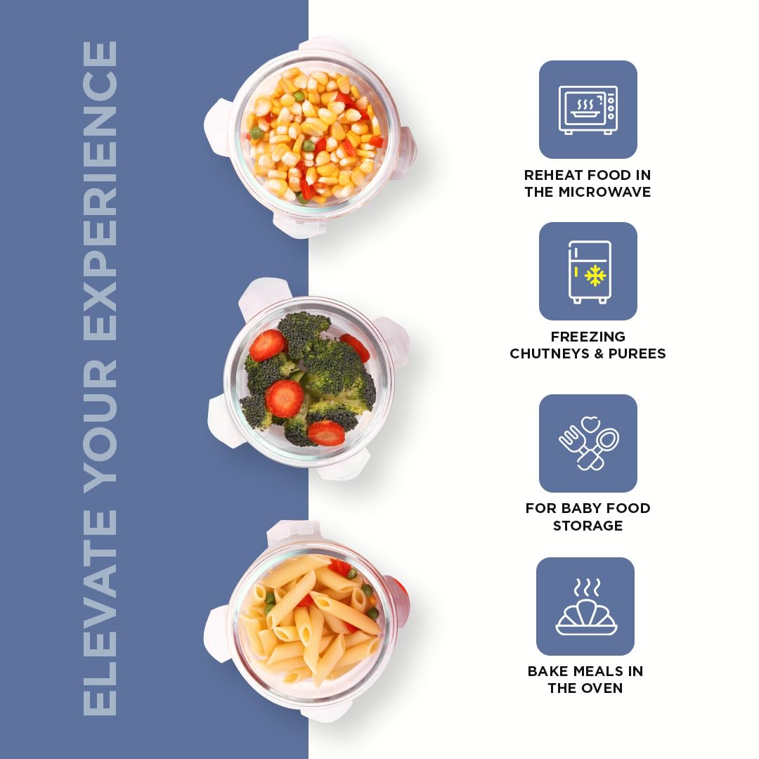 SOPL-OLIVEWARE Italian Glass Lunch Box with Steel Spoon & Napkin, Microwave Safe, Borosilicate Glass Containers, Set of 3 (400ml Each), Fabric Bag - Blue