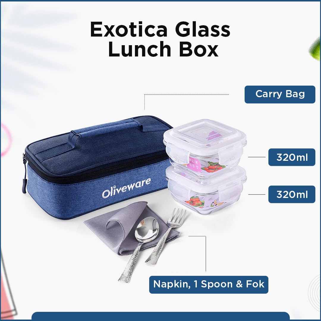 SOPL-OLIVEWARE Exotica Glass Lunch Box, Microwave Safe, Borosilicate Glass Containers with Cutlery + Napkin, Full Meal & Easy to Carry, Set of 2 (320ml)- Blue