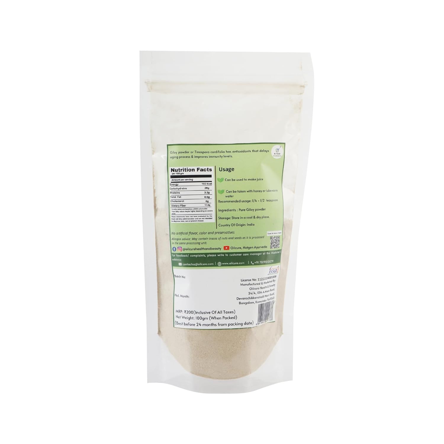 Nxtgen Ayurveda Giloy Powder | 100 gm | Tinospora Cordifolia | Immunity Booster | Guduchi Churna | Tippa Teega | Seenthil Kodi