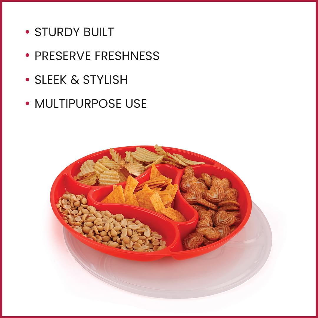 oliveware Majestic Snaks & Dry Fruit Candy Tray with Airtight Lid, BPA Free Plastic, 4 compartments (4x300 ml), Store & Serve - Red