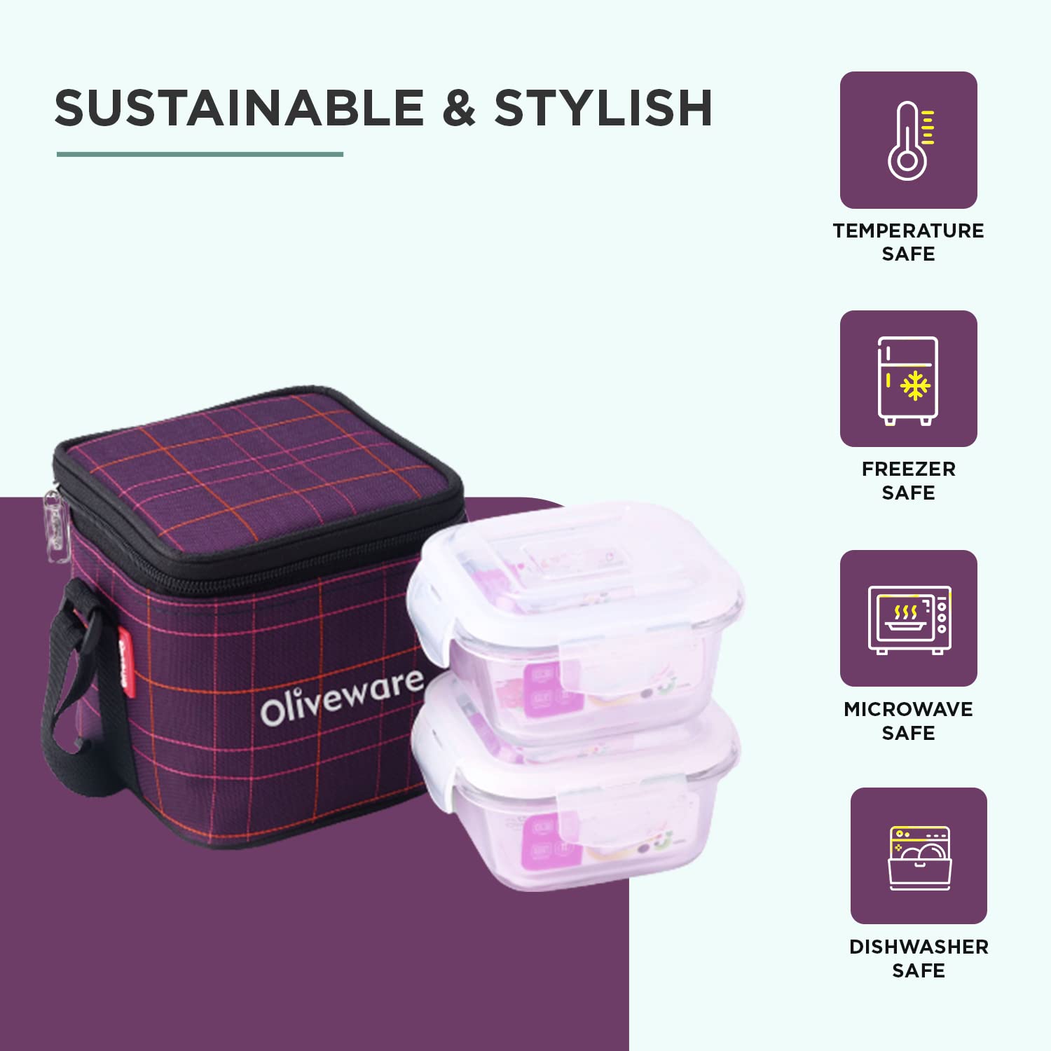 SOPL-OLIVEWARE Feast Glassware Square Lunchbox, Borosilicate Glass Containers, Microwave Safe & Leak Proof, 2 Containers with BPA Free Lids (320ml) Each - Voilet