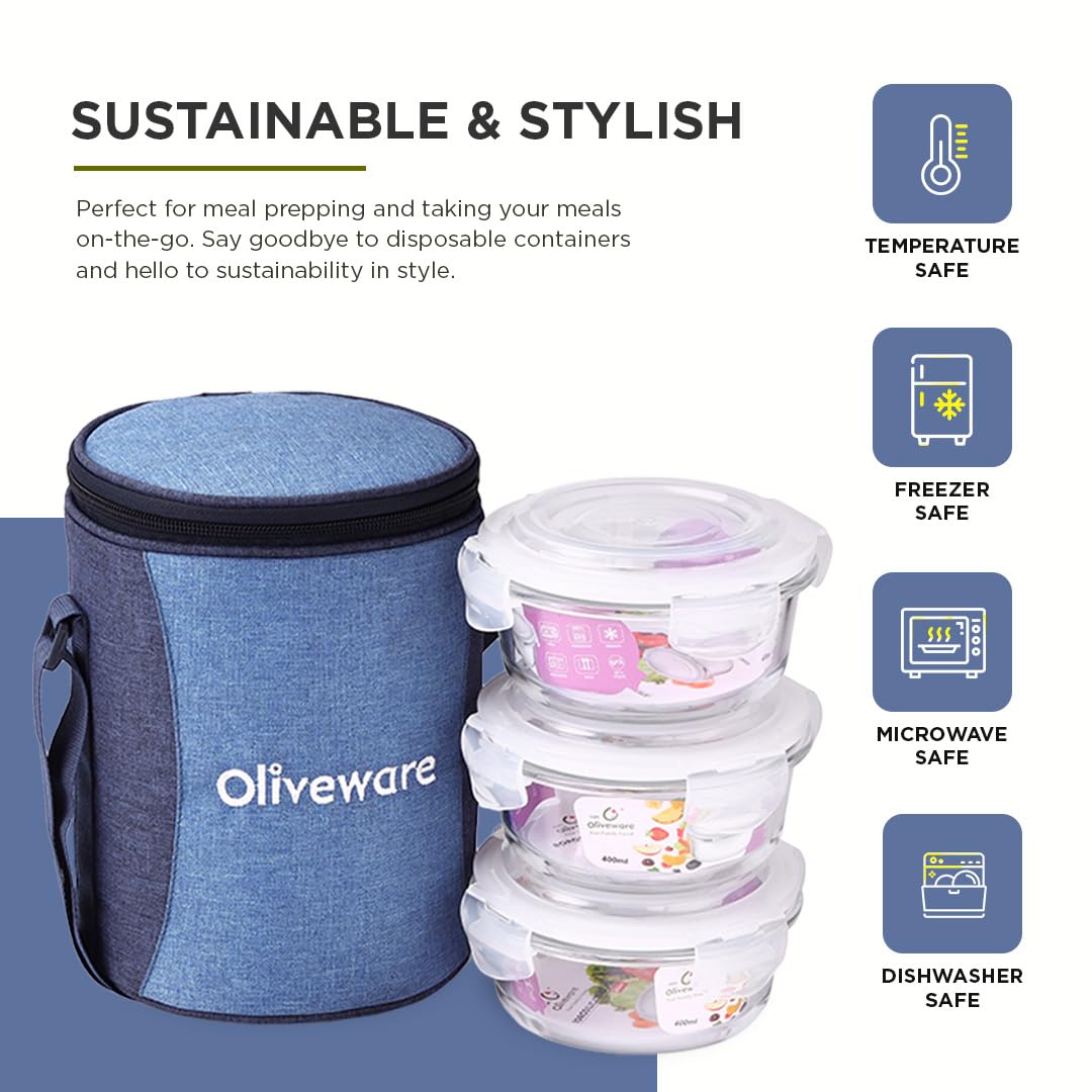 SOPL-OLIVEWARE Italian Glass Lunch Box with Steel Spoon & Napkin, Microwave Safe, Borosilicate Glass Containers, Set of 3 (400ml Each), Fabric Bag - Blue
