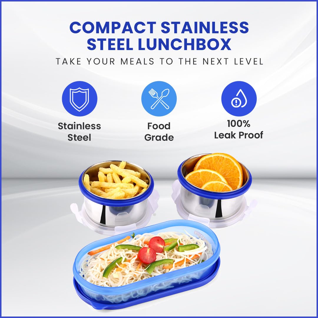 oliveware Aroma Stainless Steel Lunch Box, Leak Proof, 2 Container with BPA Free Air-Tight Lid (350ml & 350ml), Plastic Roti Box (450ml) - Blue