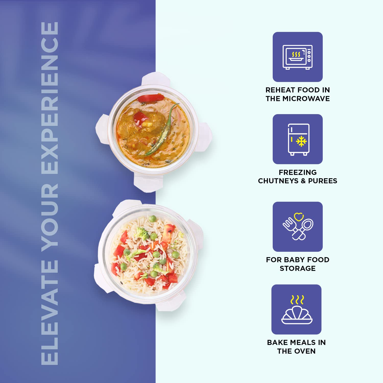 SOPL-OLIVEWARE Joy Glassware Round Lunchbox, Borosilicate Glass Containers, Microwave Safe & Leak Proof, 2 Containers with BPA Free Lids (400ml) Each - Blue