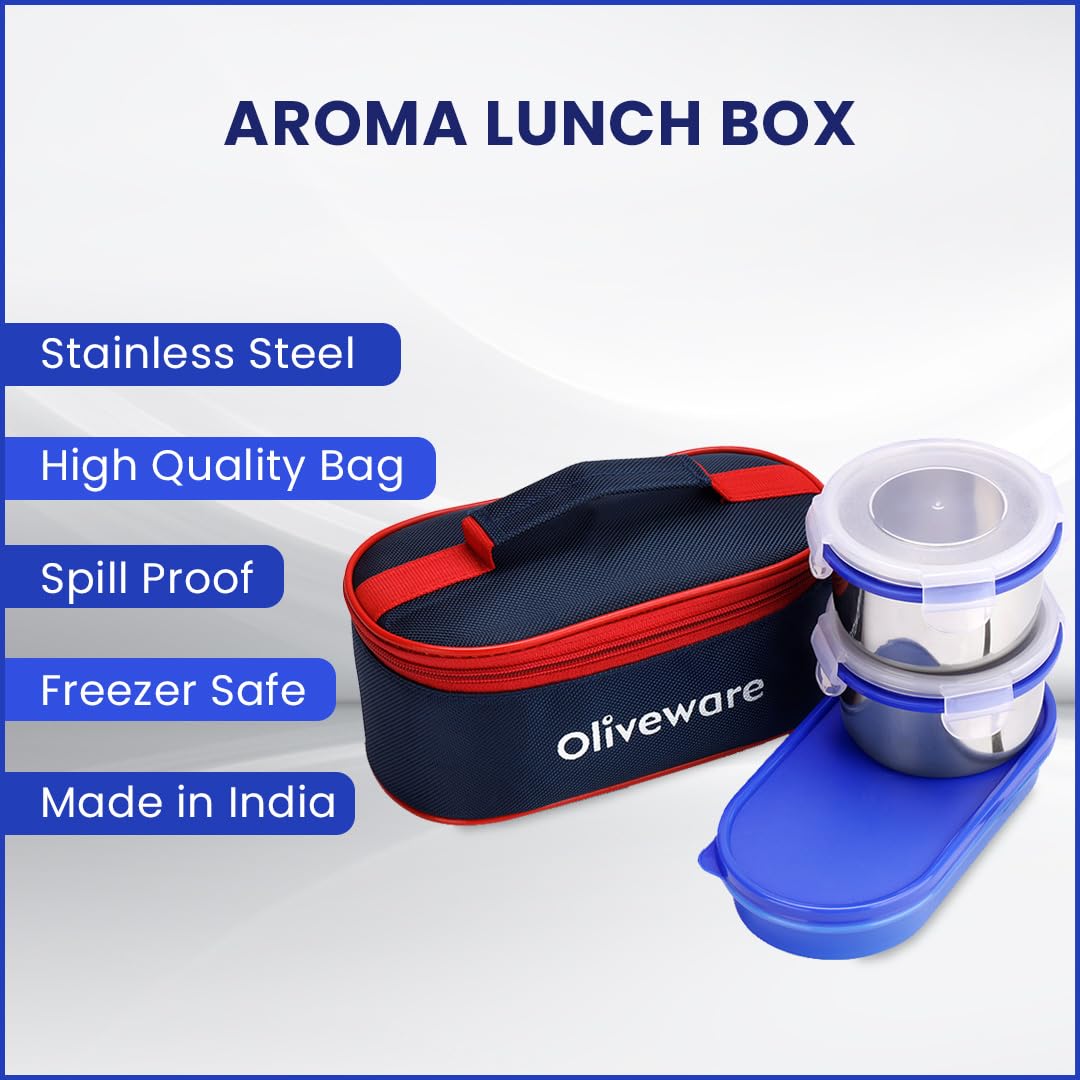 oliveware Aroma Stainless Steel Lunch Box, Leak Proof, 2 Container with BPA Free Air-Tight Lid (350ml & 350ml), Plastic Roti Box (450ml) - Blue