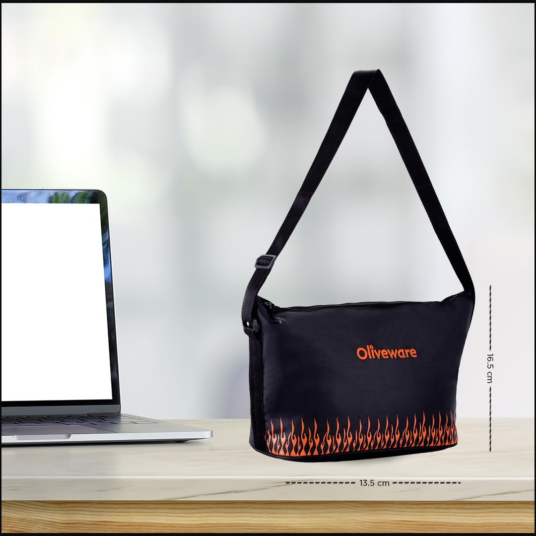 SOPL-OLIVEWARE Musk Glassware Lunchbox with Napkin & Steel Cutlery, Borosilicate Glass & Microwave Proof, Safety Lock Airtight Square Tiffin, 4 Container (2 * 320ml & 2 * 400ml) - Black&Orange