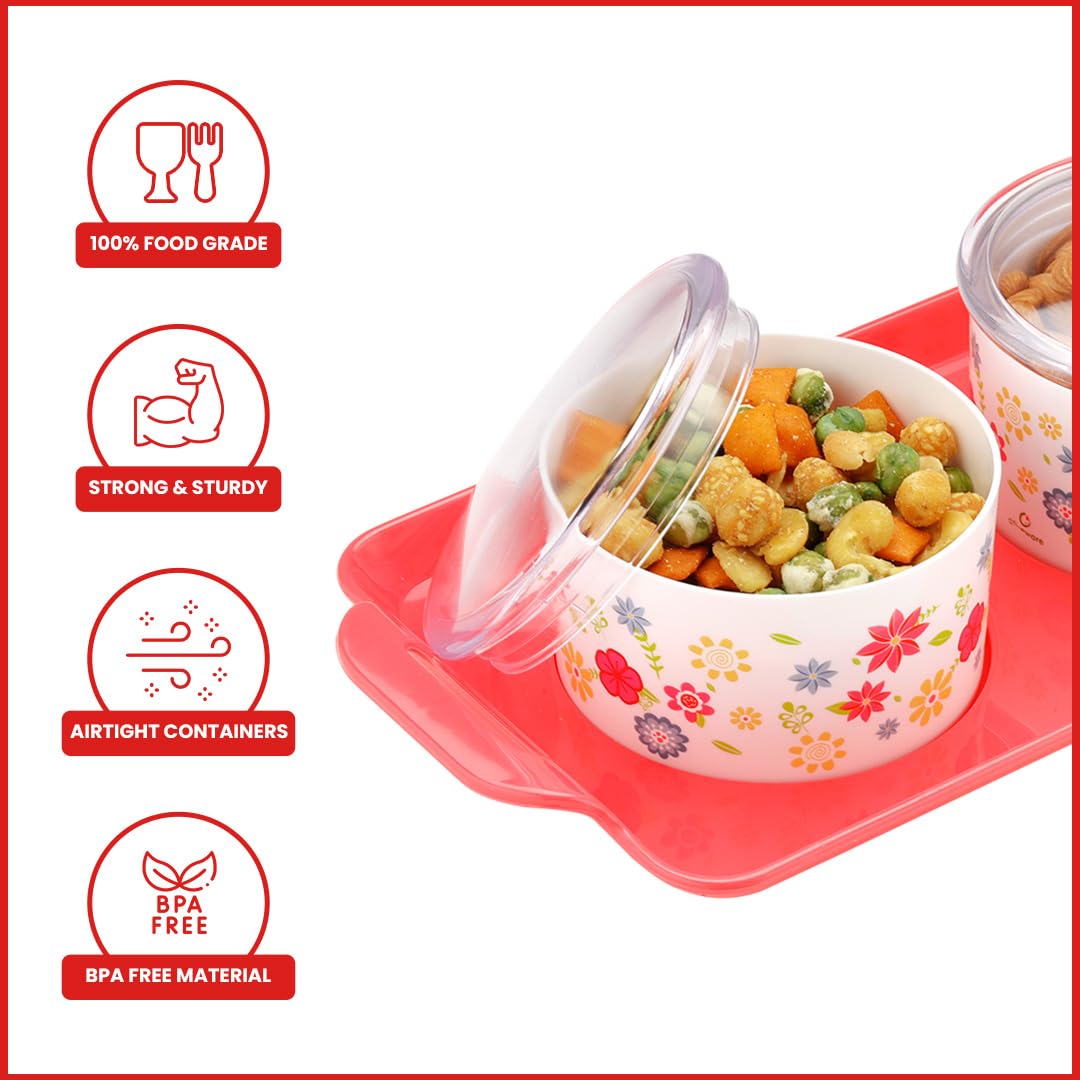 oliveware Blossom Dry Fruit Container Tray with Airtight Lid, BPA Free, For Snacks & Dry Fruits, 2 Containers (350ml) each - Red