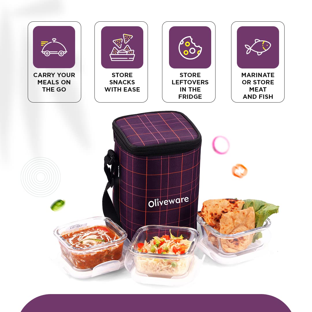 SOPL-OLIVEWARE Spyker Glassware Square Lunchbox, Borosilicate Glass Containers, Microwave Safe & Leak Proof, 3 Containers with BPA Free Lids (320ml) Each - Voilet