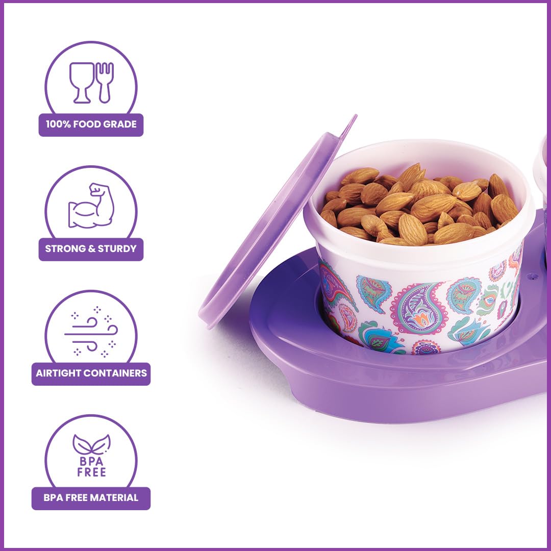 oliveware Breeze Paisley Print Serving Container & Tray with Airtight Lid, BPA Free, 2 Containers (500ml) each, For Snacks & Dry Fruits - Voilet