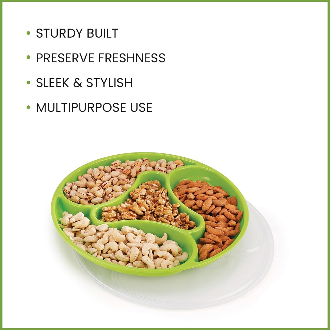 oliveware Majestic Snaks & Dry Fruit Candy Tray with Airtight Lid, BPA Free Plastic, 4 compartments (4x300 ml), Store & Serve - Green