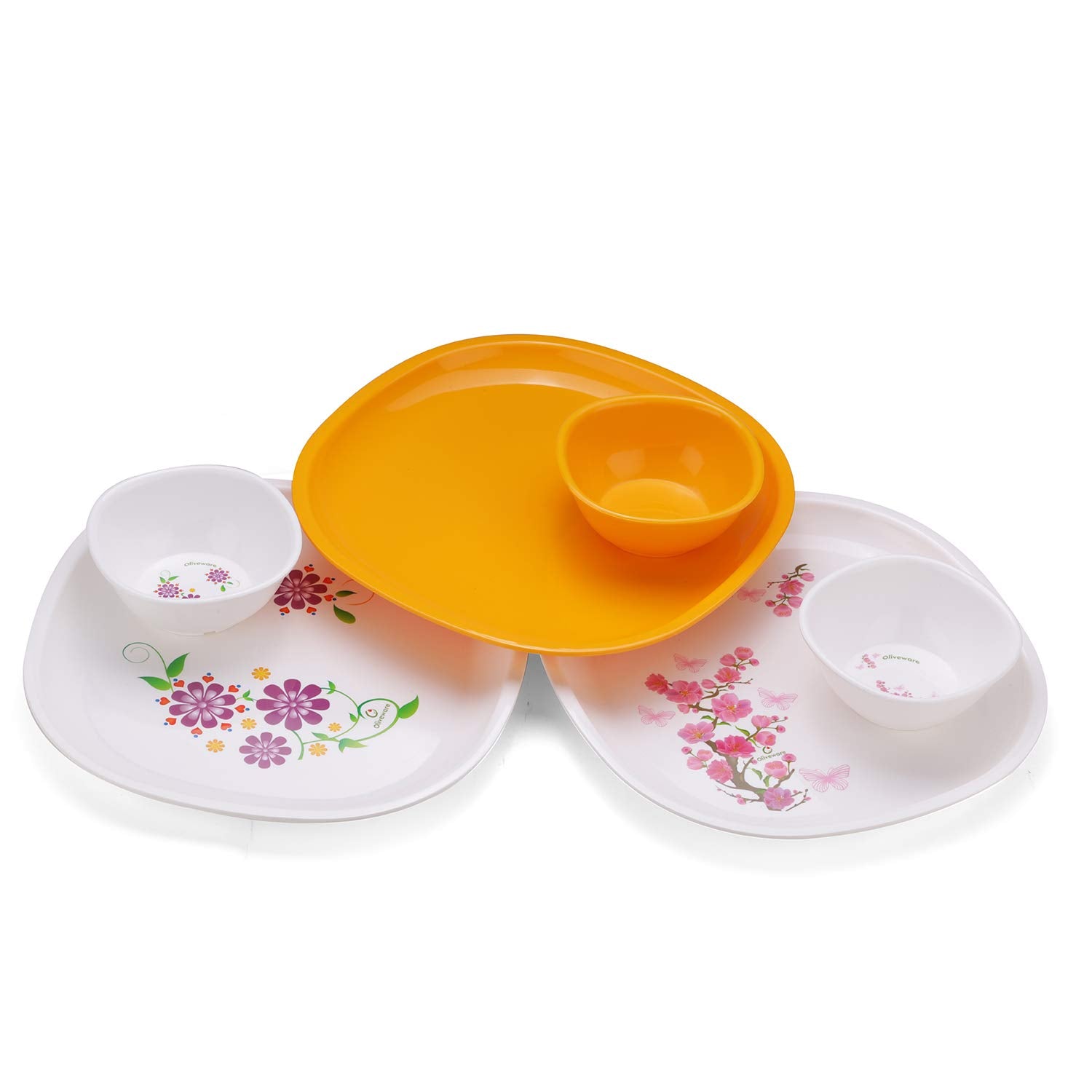 oliveware Flora Dinner Set 4 Plates + 4 Bowls Microwave Dishwasher Safe for Heating & Serving for Breakfast - Purple (Plastic)