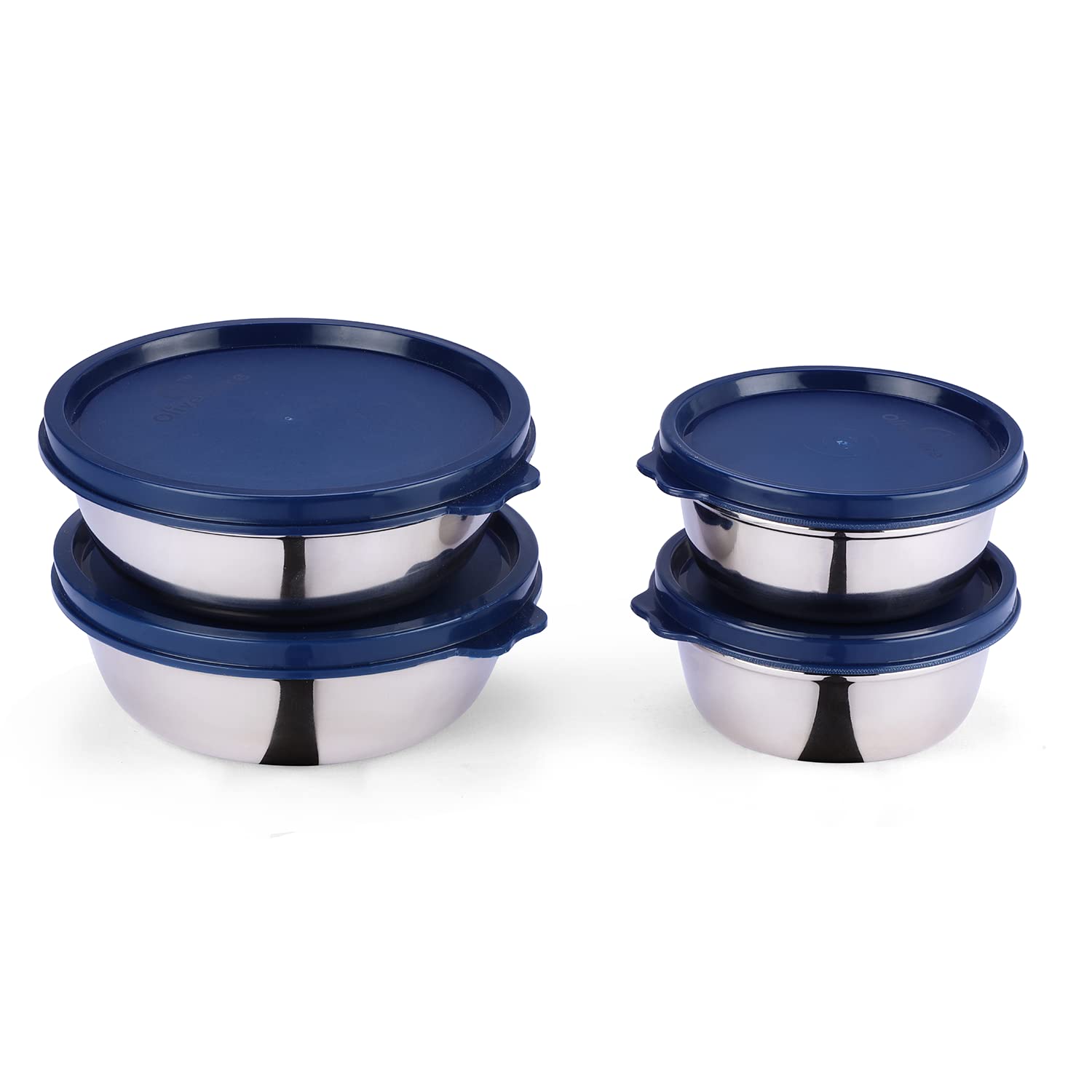 oliveware Elegant Combo Storage Containers, 100% Leak Proof and Dishwasher Safe, 4 Stainless Steel Containers with BPA Free Lid (2x450ml & 2x250ml) - Blue