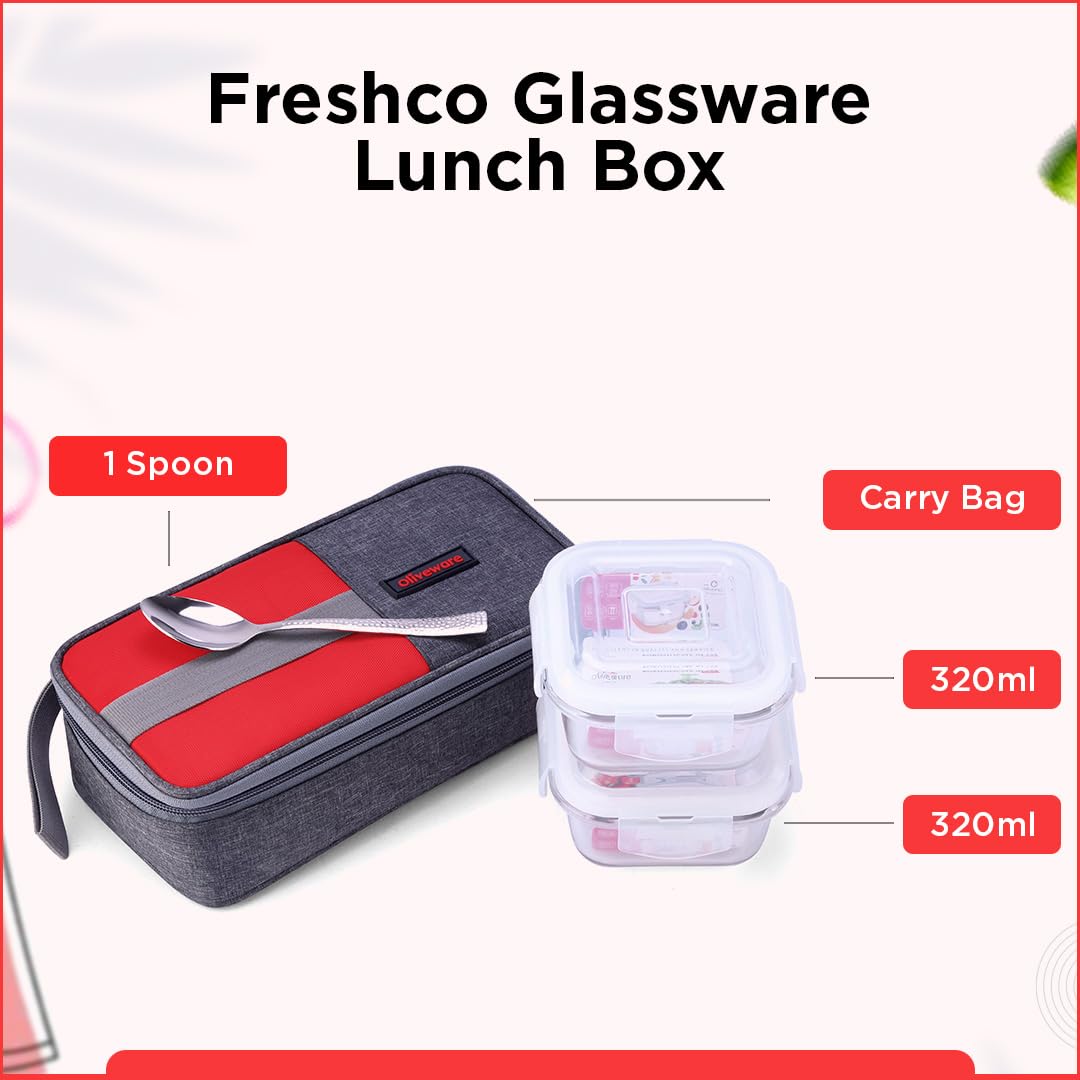 SOPL-OLIVEWARE Freshco Glassware Lunchbox, Borosilicate Glass & Microwave Proof, Safety Lock Airtight Lid, 2 Container with Steel Spoon (320ml) Each - Red