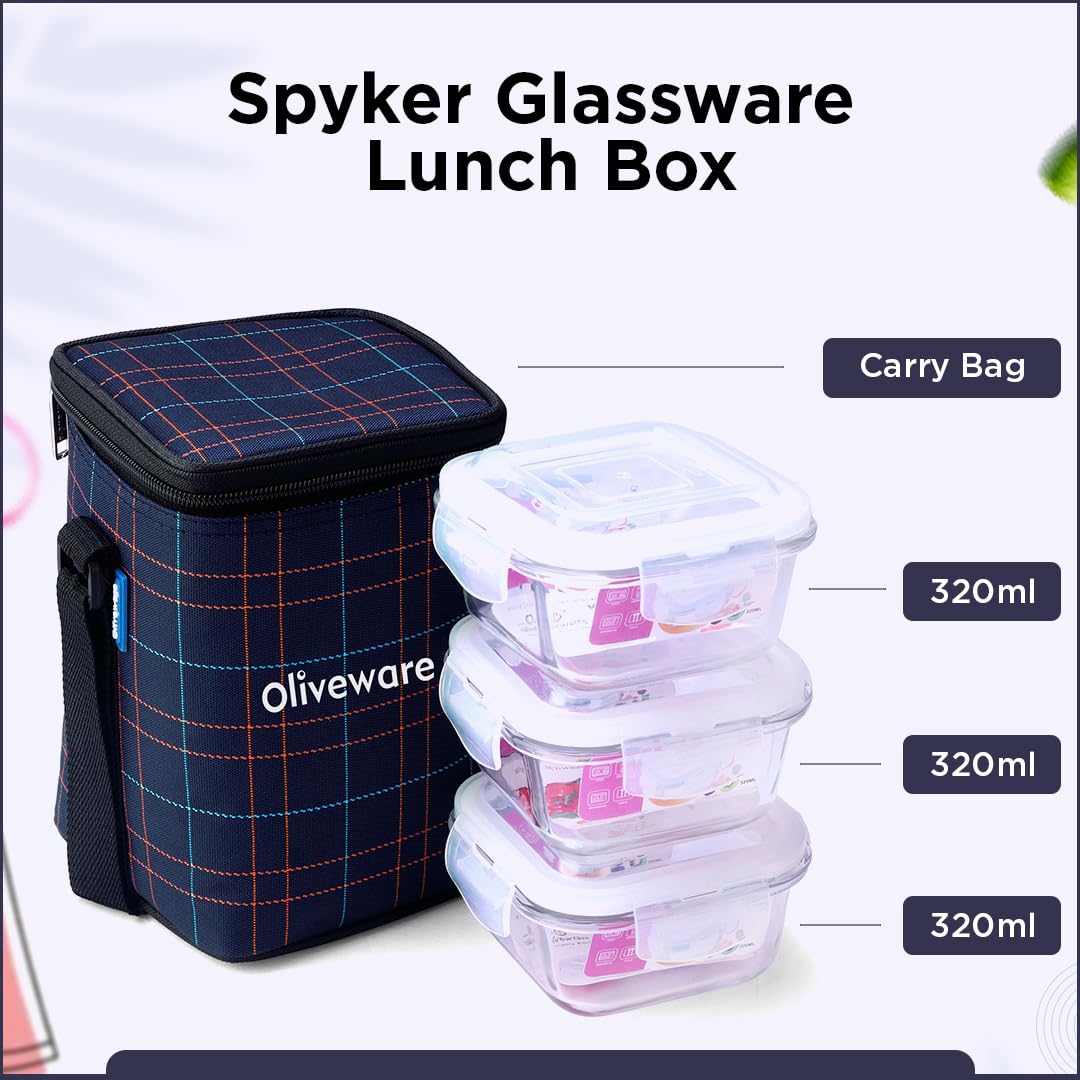 SOPL-OLIVEWARE Spyker Glassware Square Lunchbox, Borosilicate Glass Containers, Microwave Safe & Leak Proof, 3 Containers with BPA Free Lids (320ml) Each - Blue