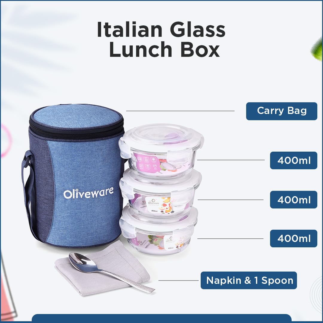 SOPL-OLIVEWARE Italian Glass Lunch Box with Steel Spoon & Napkin, Microwave Safe, Borosilicate Glass Containers, Set of 3 (400ml Each), Fabric Bag - Blue