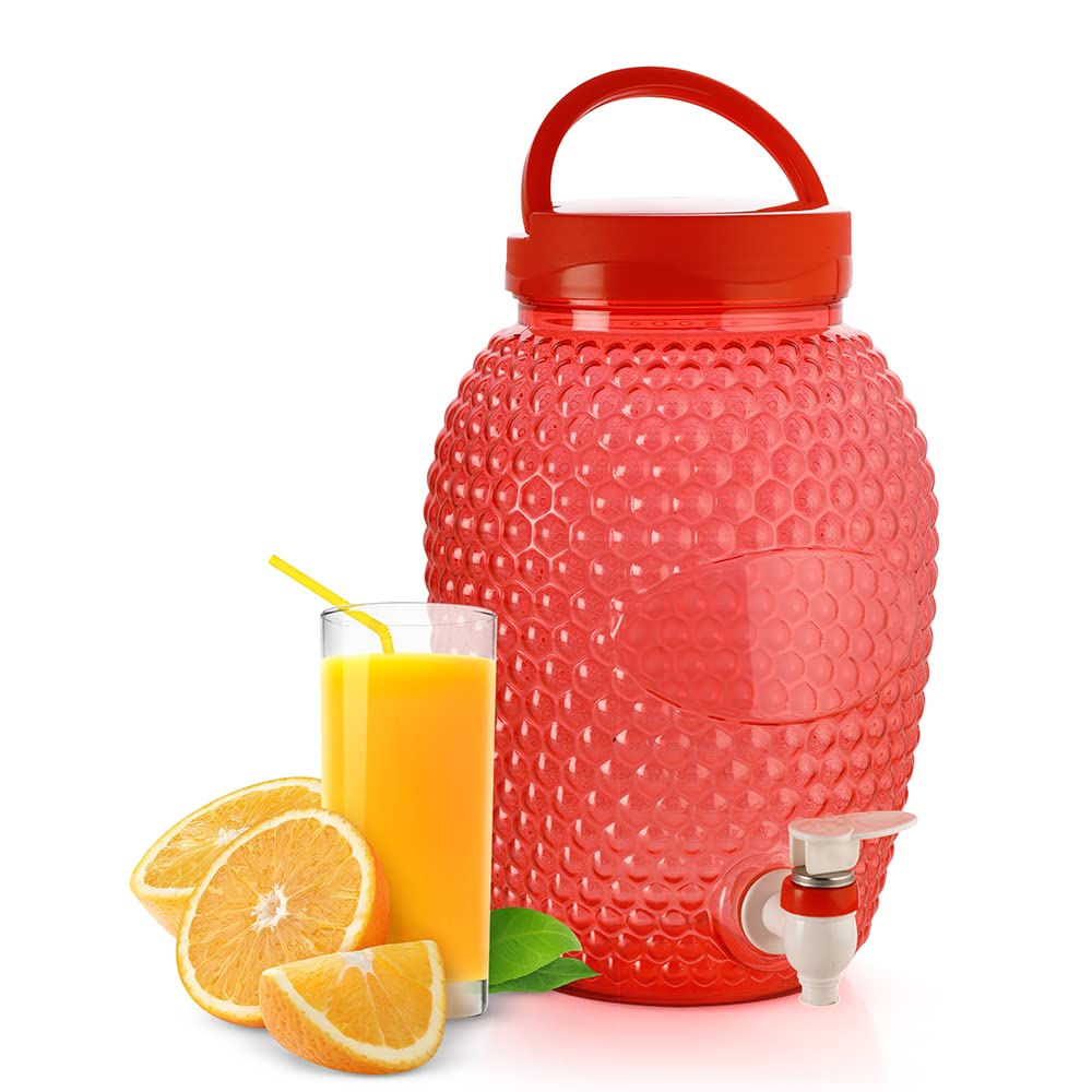 Oliveware Boom Jug | Red | 4000 ML Capacity | with a Set of 4 Glasses | BPA Free Premium Range | for Fridge - Home & Office