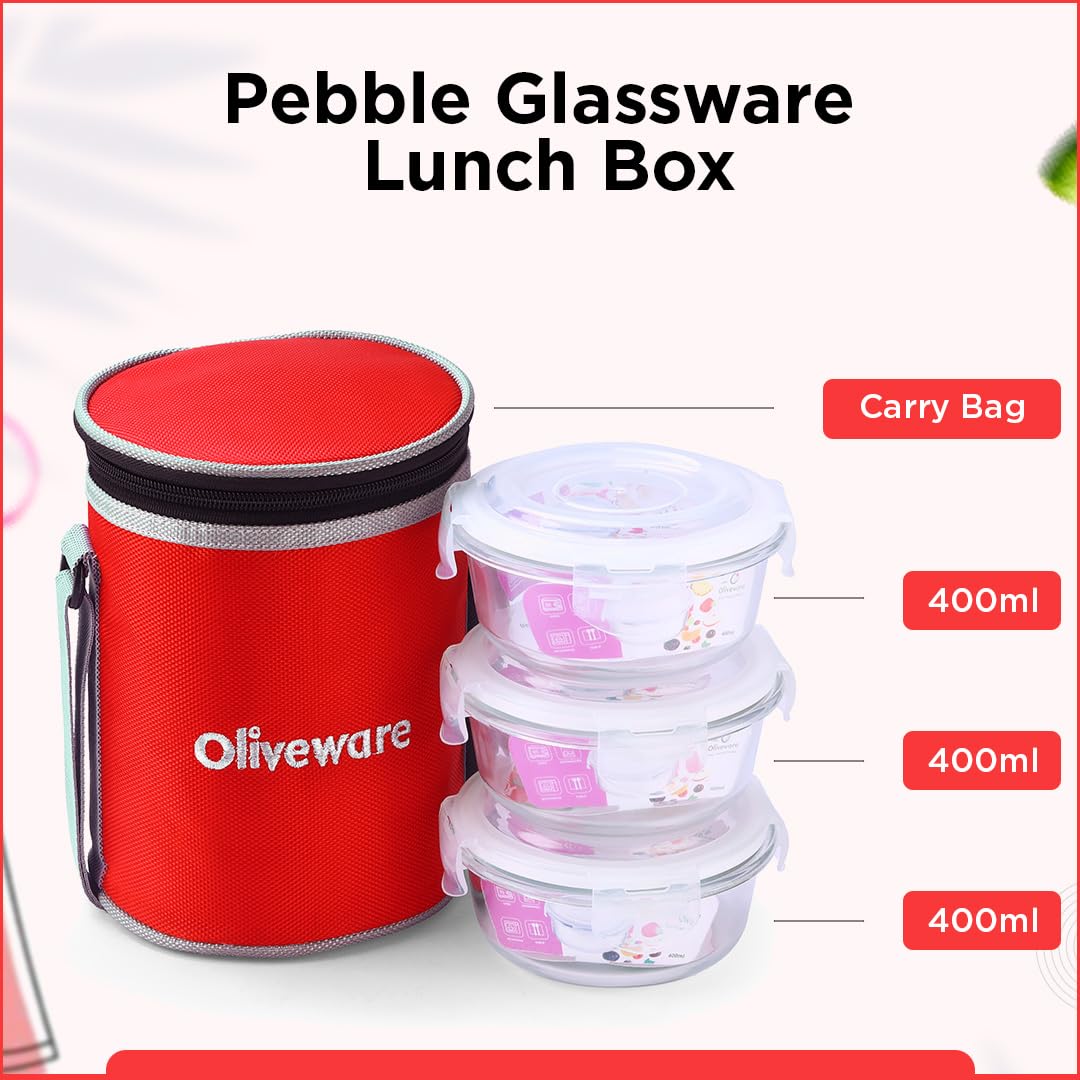 SOPL-OLIVEWARE Pebble Round Glassware Lunch Box, Borosilicate Glass, Leak Proof & Microwave Safe, 3 Containers (400ml) with BPA Free Lids - Red