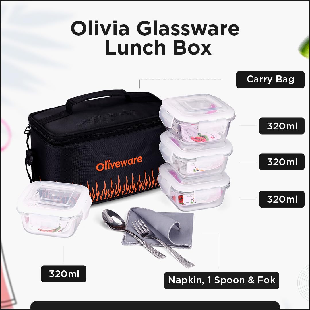 OLIVEWARE Olivia Borosilicate Glassware Lunchbox with Napkin & Steel Cutlery, Microwave Proof, Safety Lock Airtight Square, Set of 4 (320ml) Each - Black & Orange