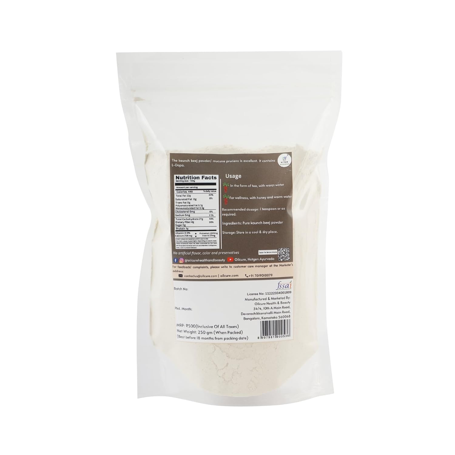 Nxtgen Ayurveda Kaunch Beej Powder | 250 gm | Mucuna Pruriens | Velvet Bean Powder