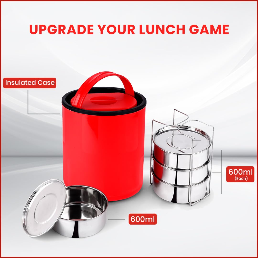 Oliveware - Royal Red Stainless Steel Lunch Box - 4 Containers Set | Offiice and Bulk Use | with Container | Full Meal | Handle to Carry with Compartments