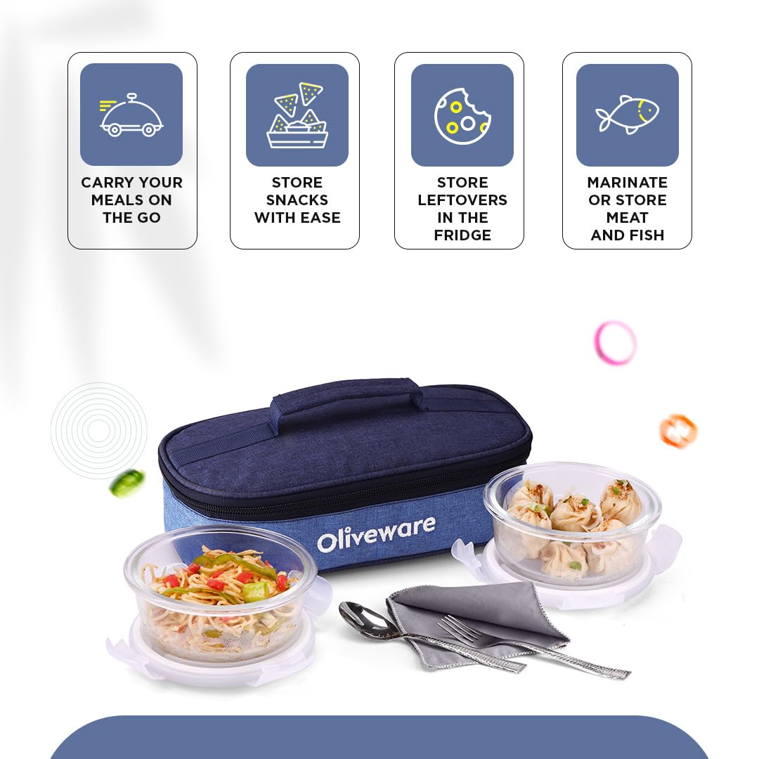 SOPL-OLIVEWARE Delta Glassware Round Lunchbox with Napkin & Steel Cutlery, Borosilicate Glass Container, Microwave Proof, Set of 2 (400ml Each) - Blue