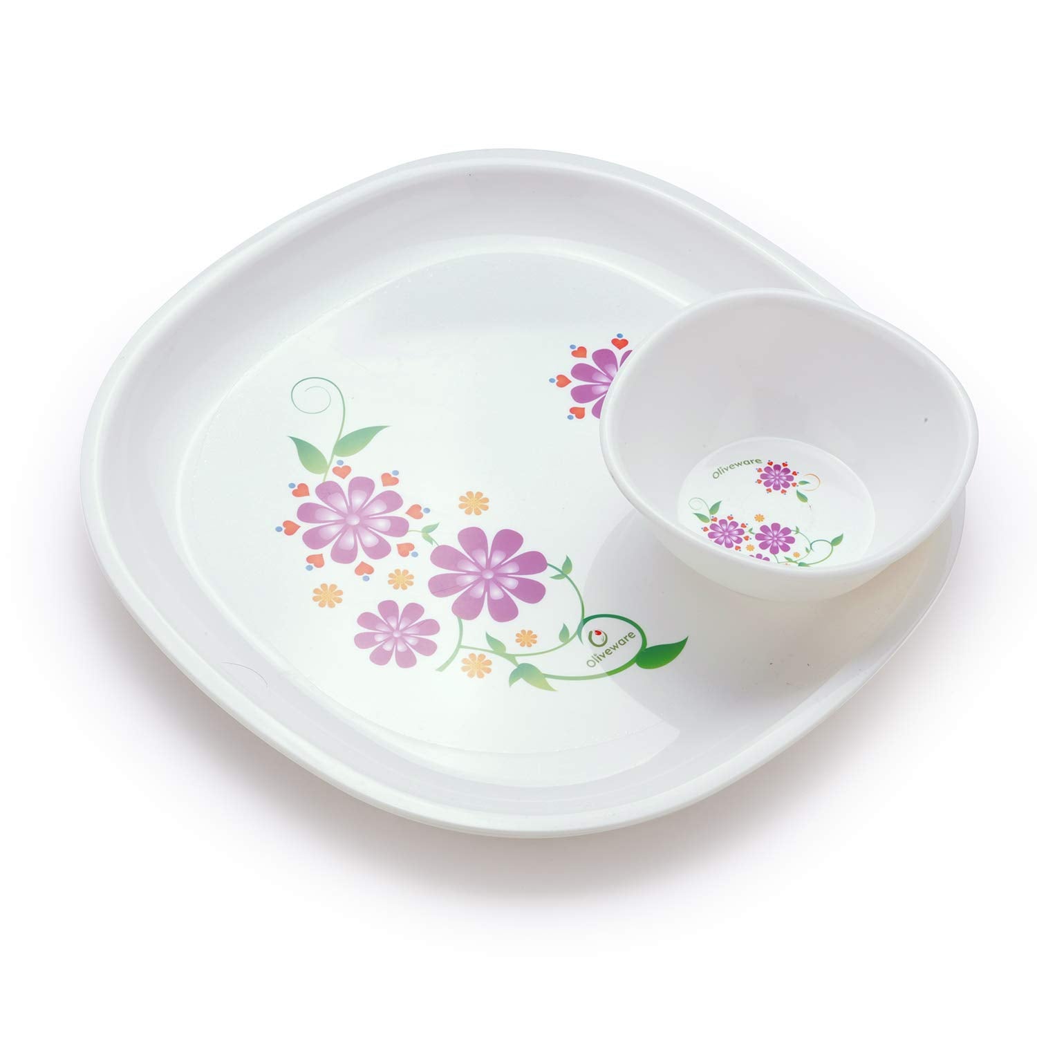 oliveware Flora Dinner Set 4 Plates + 4 Bowls Microwave Dishwasher Safe for Heating & Serving for Breakfast - Purple (Plastic)
