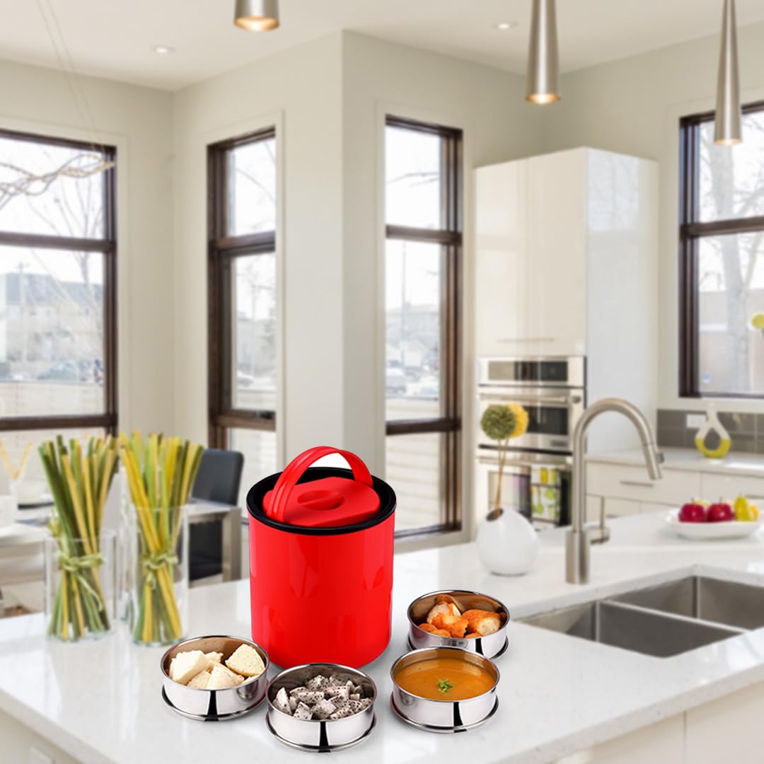 Oliveware - Royal Red Stainless Steel Lunch Box - 4 Containers Set | Offiice and Bulk Use | with Container | Full Meal | Handle to Carry with Compartments