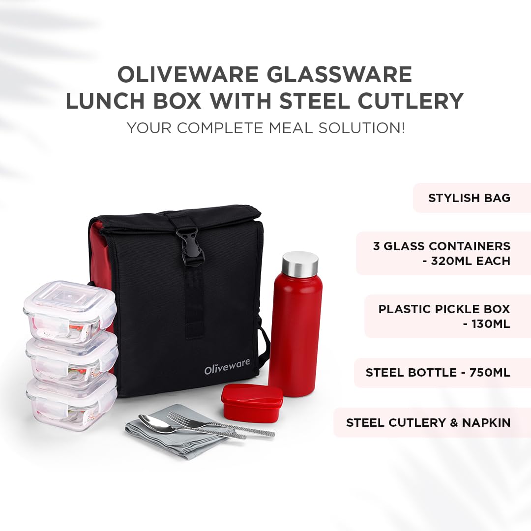 SOPL-OLIVEWARE Crystal Lunch Box with Steel Cutlery, BPA Free Lids, 3 Microwave Safe Glass Containers(3 * 320Ml Each), Plastic Pickle Box (130ml), Steel Water Bottle(750ml)