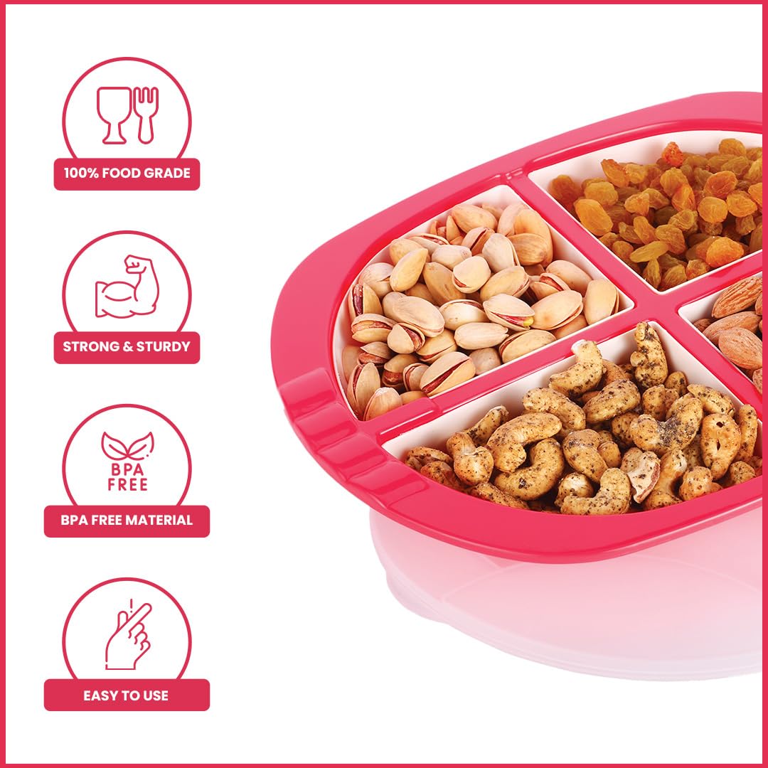 Oliveware Pearl Square Tray with Airtight Lid for Serving Dry Fruits, BPA Free, Storage & Serving Snacks, Dry Fruits, Biscuits, Candy, 4 Compartments (4x150 ml) - Red