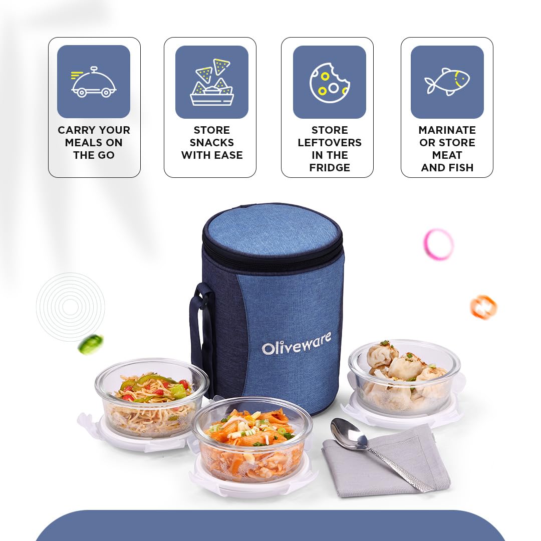 SOPL-OLIVEWARE Italian Glass Lunch Box with Steel Spoon & Napkin, Microwave Safe, Borosilicate Glass Containers, Set of 3 (400ml Each), Fabric Bag - Blue