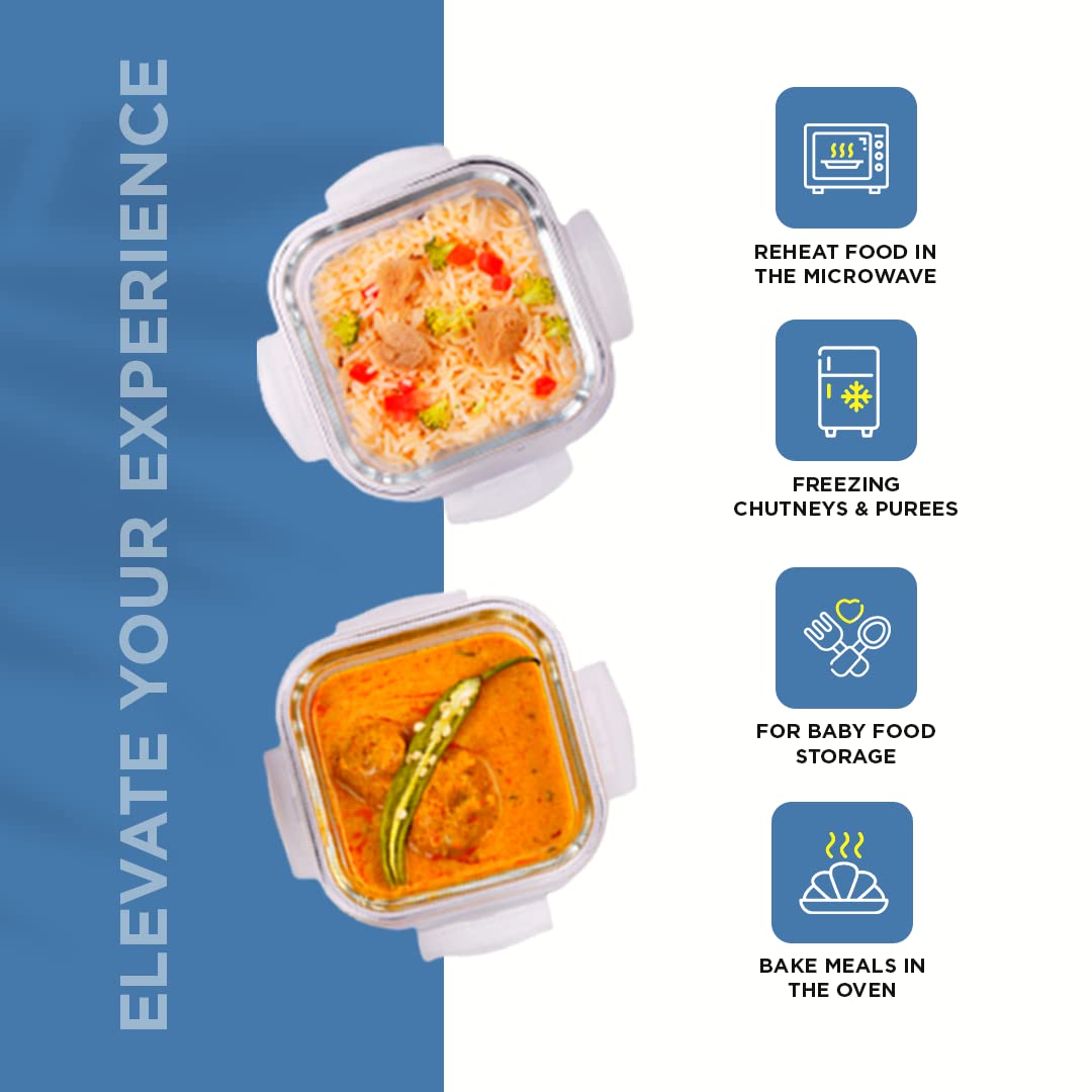 SOPL-OLIVEWARE Roman Glass Lunch Box, Insulated Fabric Bag, Leak Proof & Microwave Safe, Borosilicate Glass Containers with Set of 2 (320ml each)- Blue