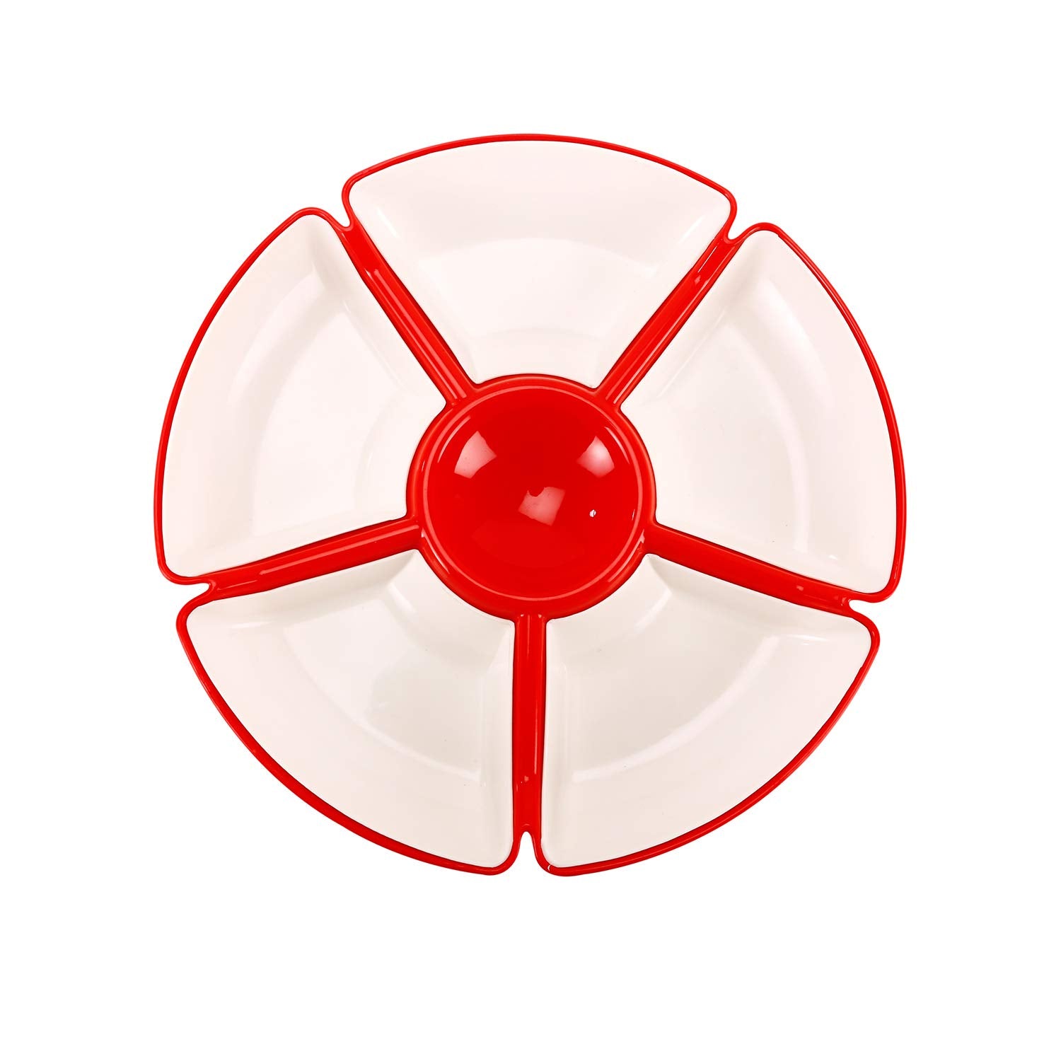 Oliveware Flower Snack Container with 5 Compartments | Storage & Serving Snacks, Dry Fruits, Biscuits, Candy | Hard Plastic | Multi Purpose - Red