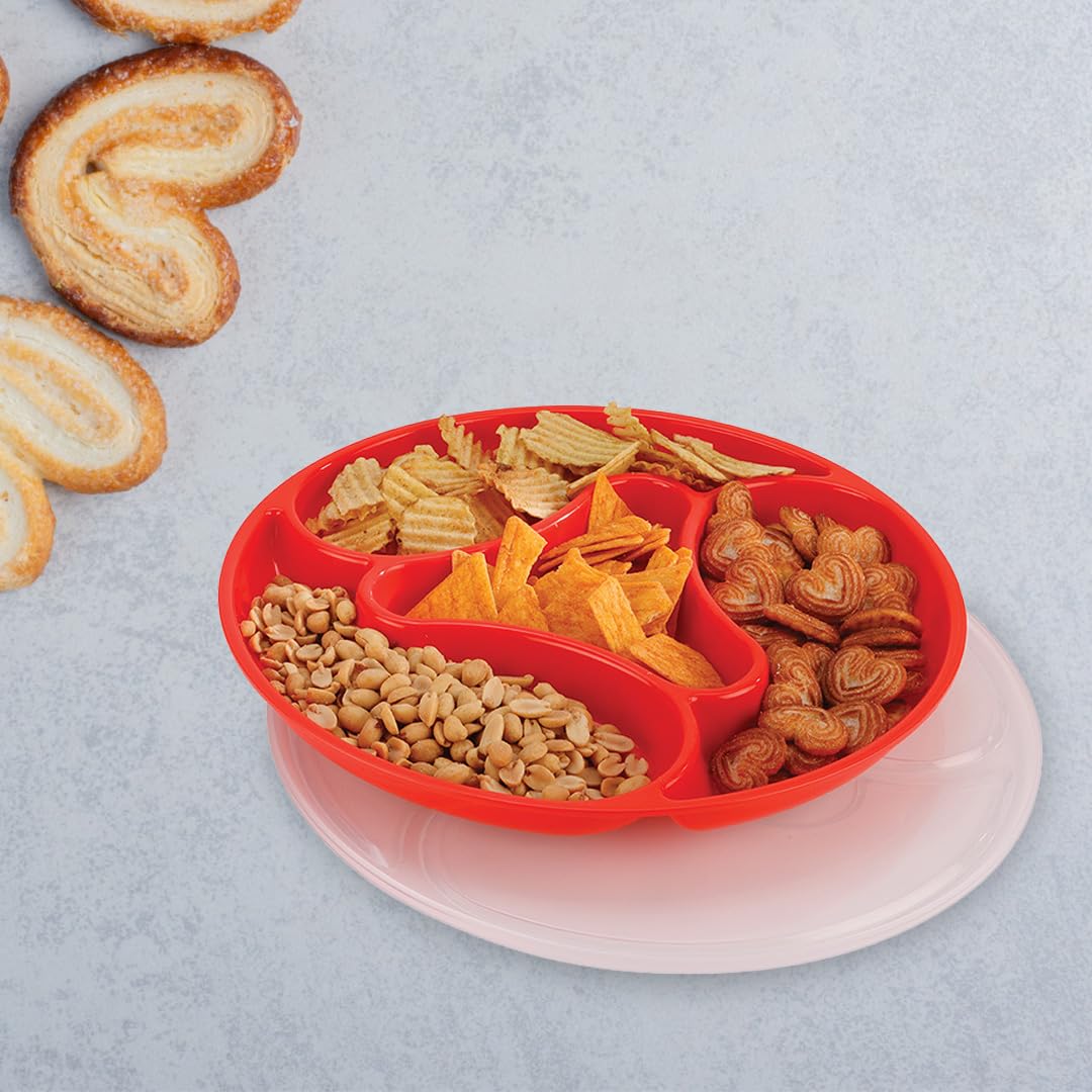 oliveware Majestic Snaks & Dry Fruit Candy Tray with Airtight Lid, BPA Free Plastic, 4 compartments (4x300 ml), Store & Serve - Red