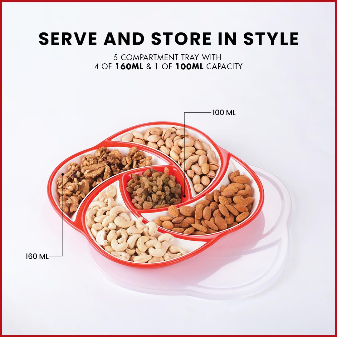 Oliveware Elegant Plastic Dry Fruit Tray with Airtight Lid, BPA Free, 5 Compartments (4x160 ml,1x100 ml), for Snacks and Dry Fruits - Red