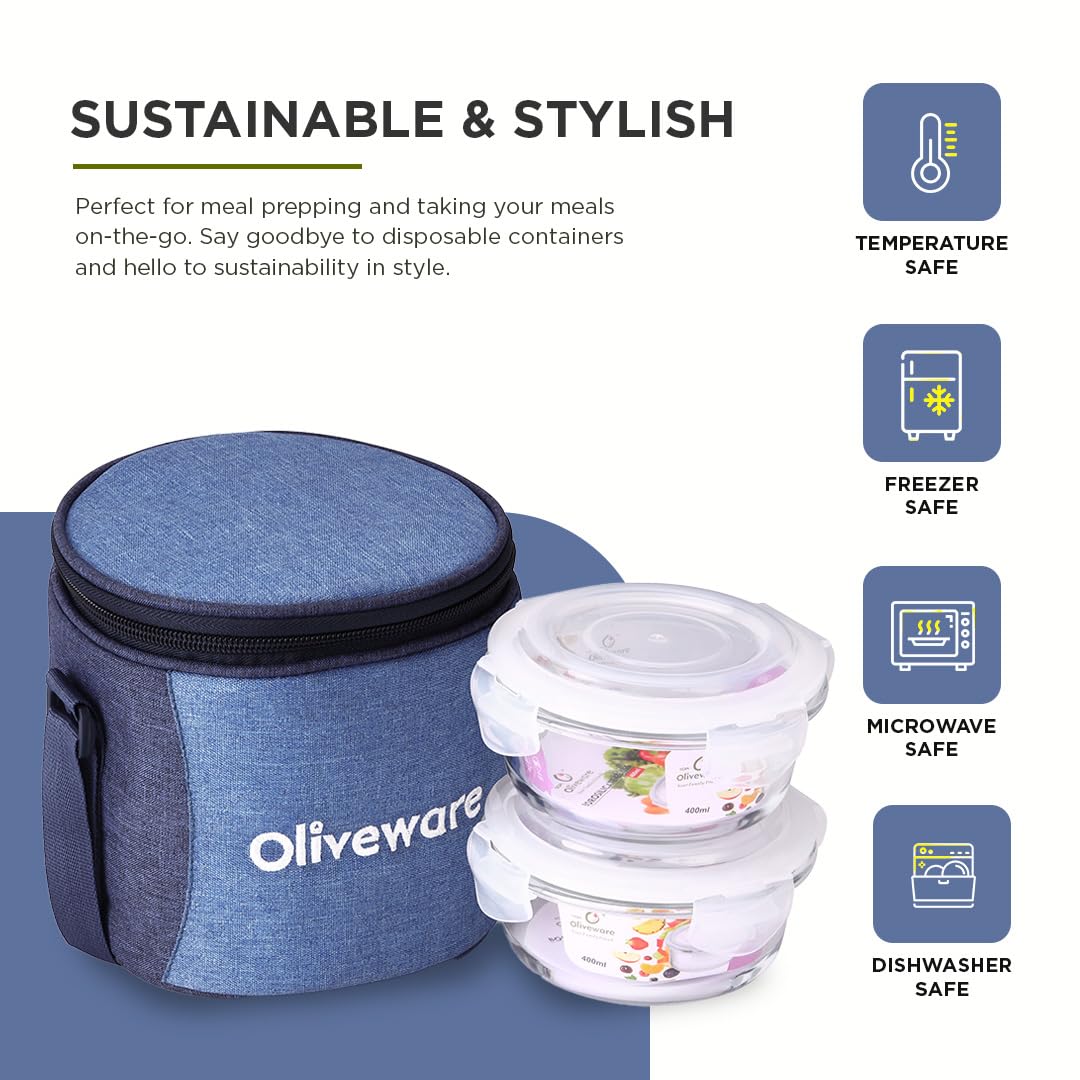 SOPL-OLIVEWARE Lily Glass Lunch Box with Fabric Bag, Leak Proof & Microwave Safe, 2 Container with 400ml Each- Blue