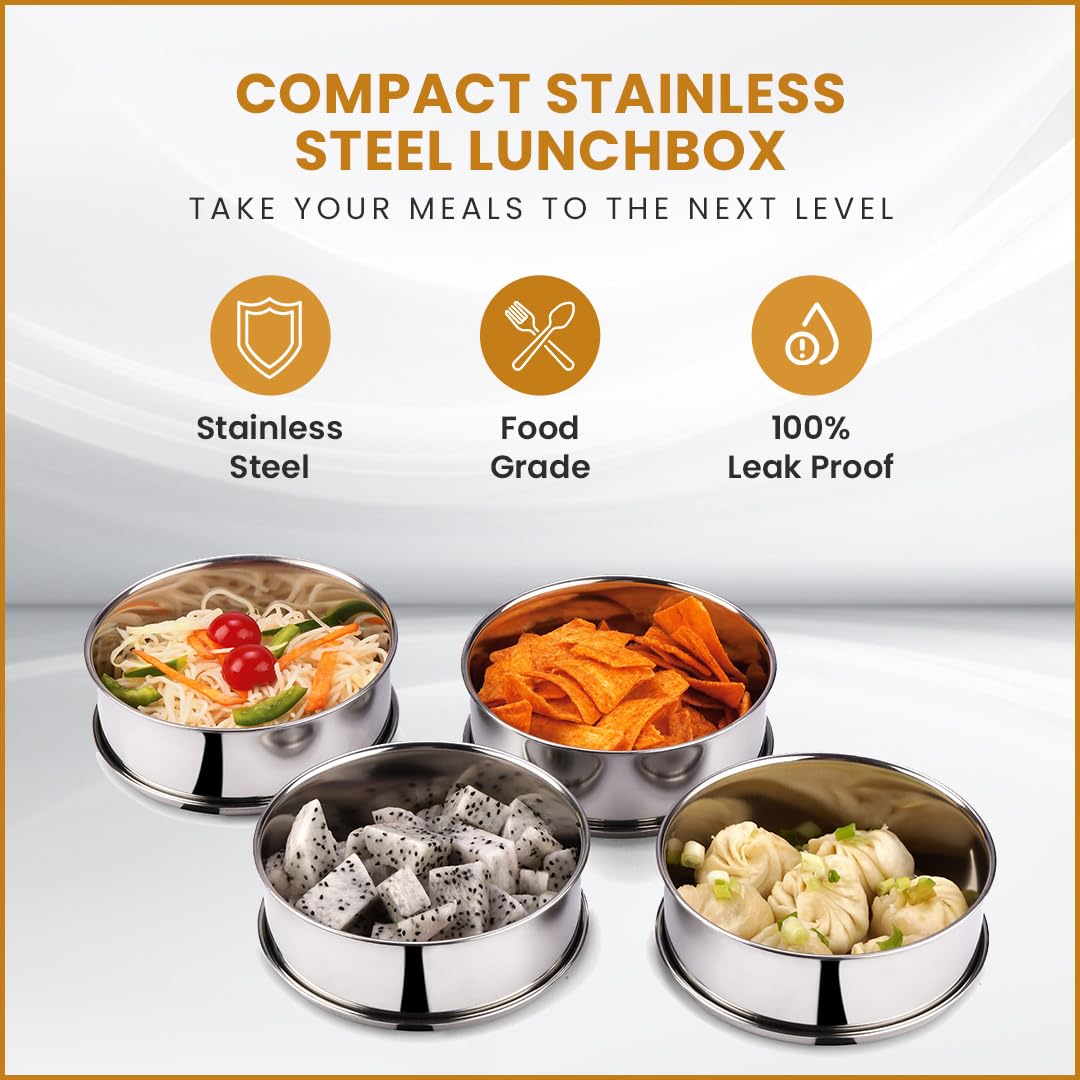 Oliveware - Royal Yellow Stainless Steel Lunch Box - 4 Containers Set | Offiice and Bulk Use | with Container | Full Meal | Handle to Carry with Compartments