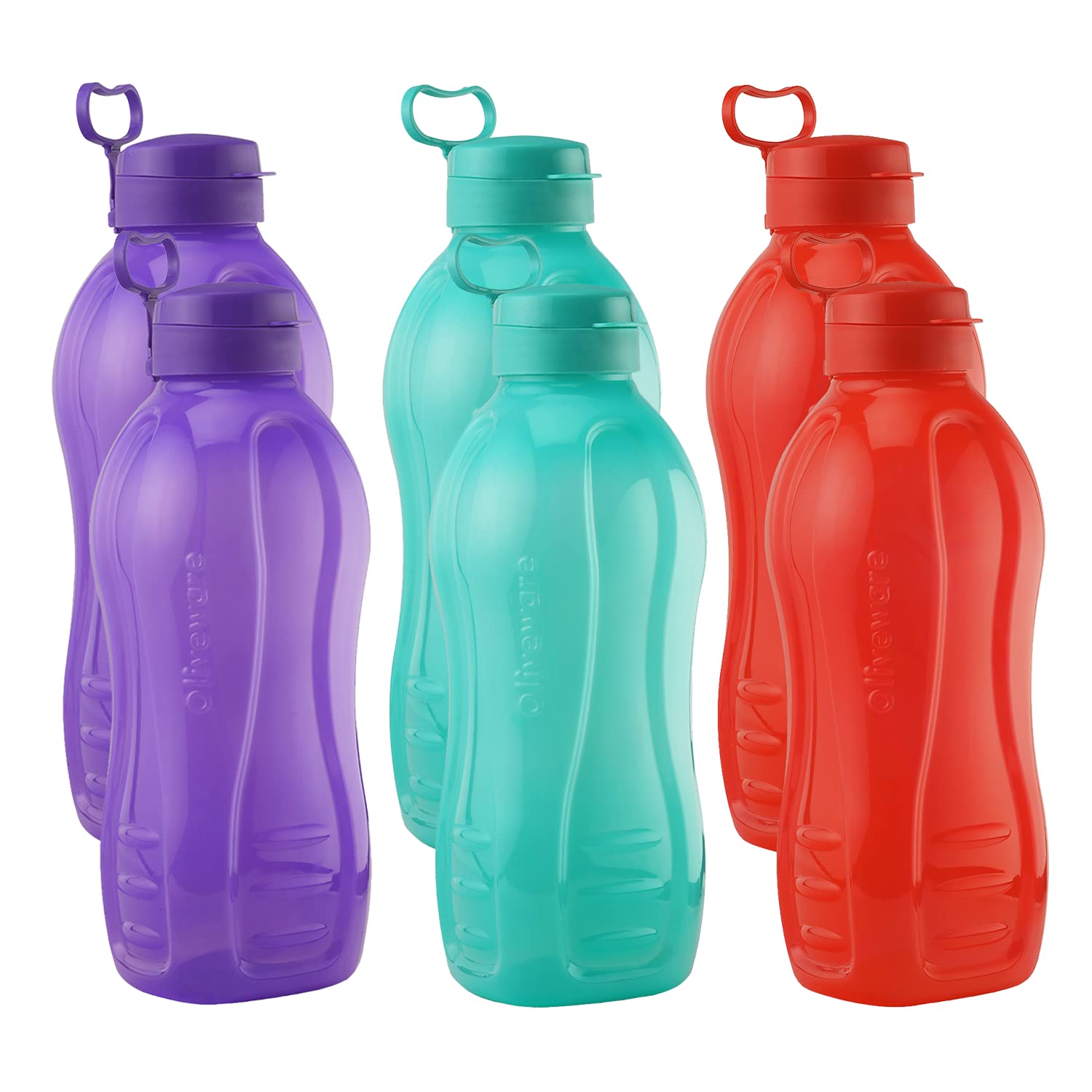 oliveware Jumbo 2 Litre Water Bottle, 100% Leak Proof, BPA Free Premium Plastic Bottle, for Home, Office & Gym, Sturdy with Holder, Pack of 6 (Multi)