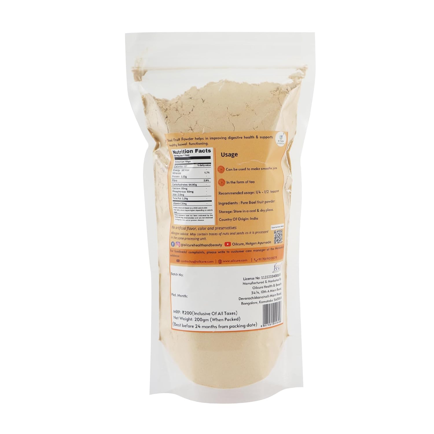 Nxtgen Ayurveda Bael Fruit Powder | 200 gm | Aegle Marmelos