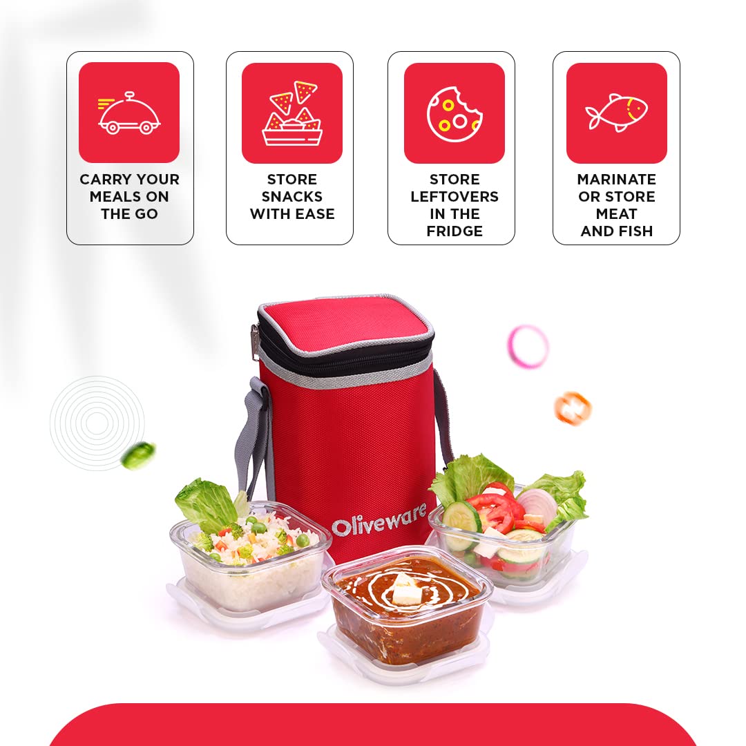 SOPL-OLIVEWARE Bounty Borosilicate Glassware Lunchbox, Microwave & Freezer Safe, Set of 3 containers with BPA Free Airtight Lids (320ml) Each - Red