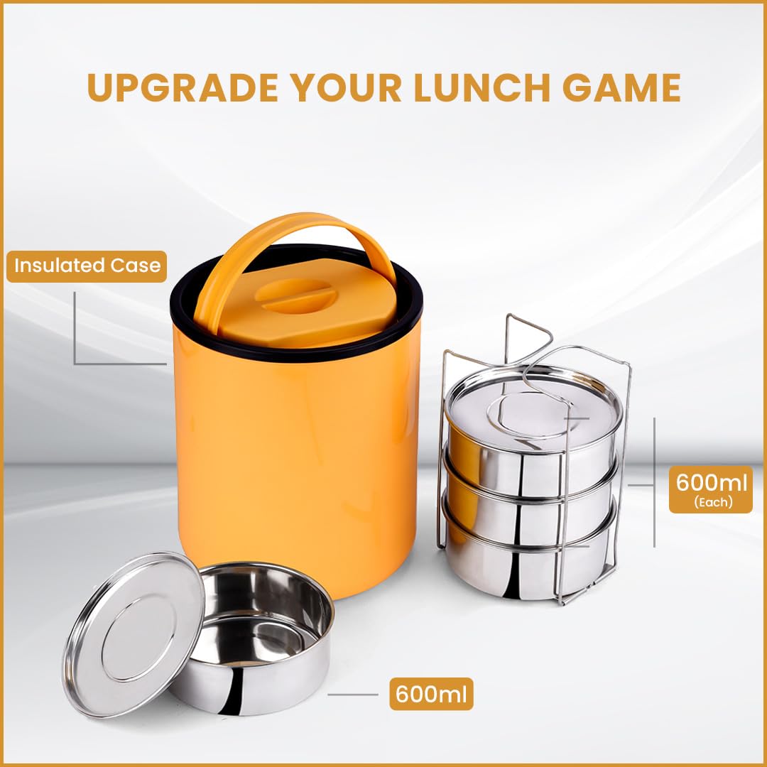 Oliveware - Royal Yellow Stainless Steel Lunch Box - 4 Containers Set | Offiice and Bulk Use | with Container | Full Meal | Handle to Carry with Compartments