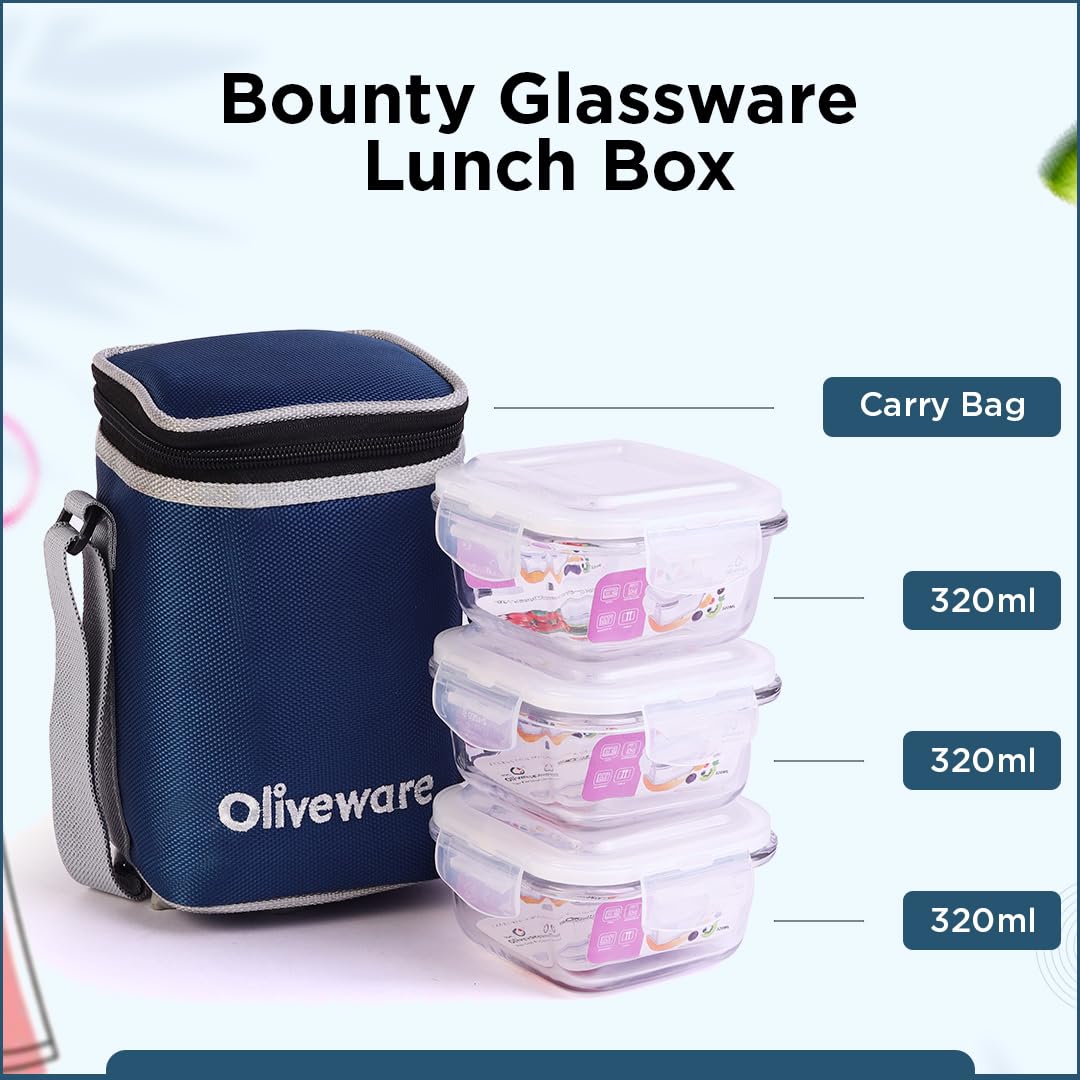 SOPL-OLIVEWARE Bounty Borosilicate Glassware Lunchbox, Microwave & Freezer Safe, Set of 3 containers with BPA Free Airtight Lids (320ml) Each - Blue