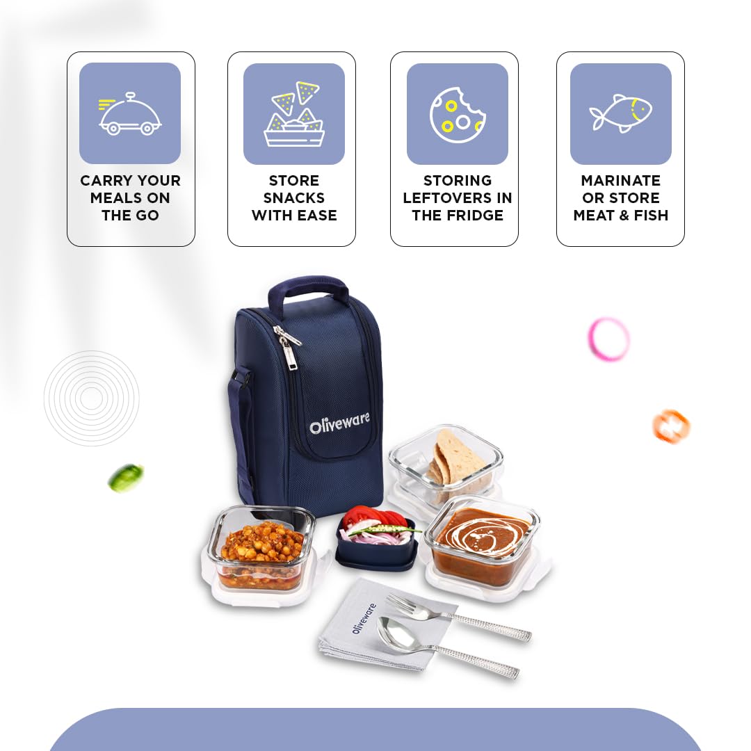 SOPL-OLIVEWARE Executive Glassware Lunchbox, Borosilicate Glass, Microwave & Freezer Safe, Set of 3 with BPA Free Lid (320ml) Each - Blue