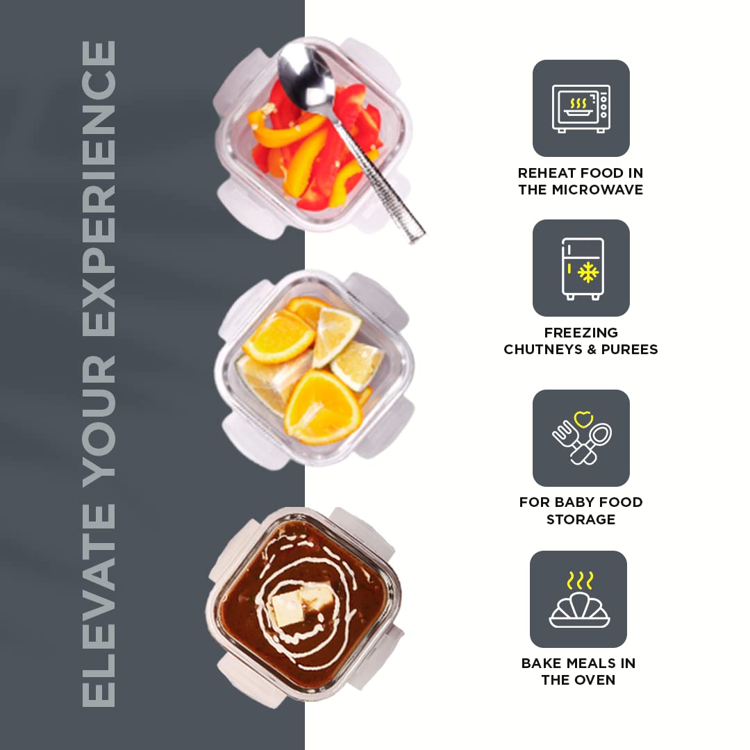 SOPL-OLIVEWARE Ivy Borosilicate Glassware Square Lunchbox, Napkin & Steel Spoon, Microwave Proof, 3 Cointainer with 320ml Each - Grey