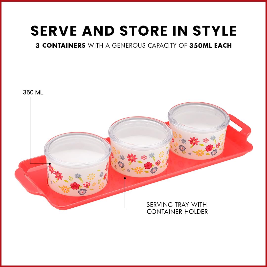 oliveware Venice Dry Fruit Container Tray with Airtight Lid, BPA Free, For Snacks & Dry Fruits, 3 Containers (350ml) each - Red