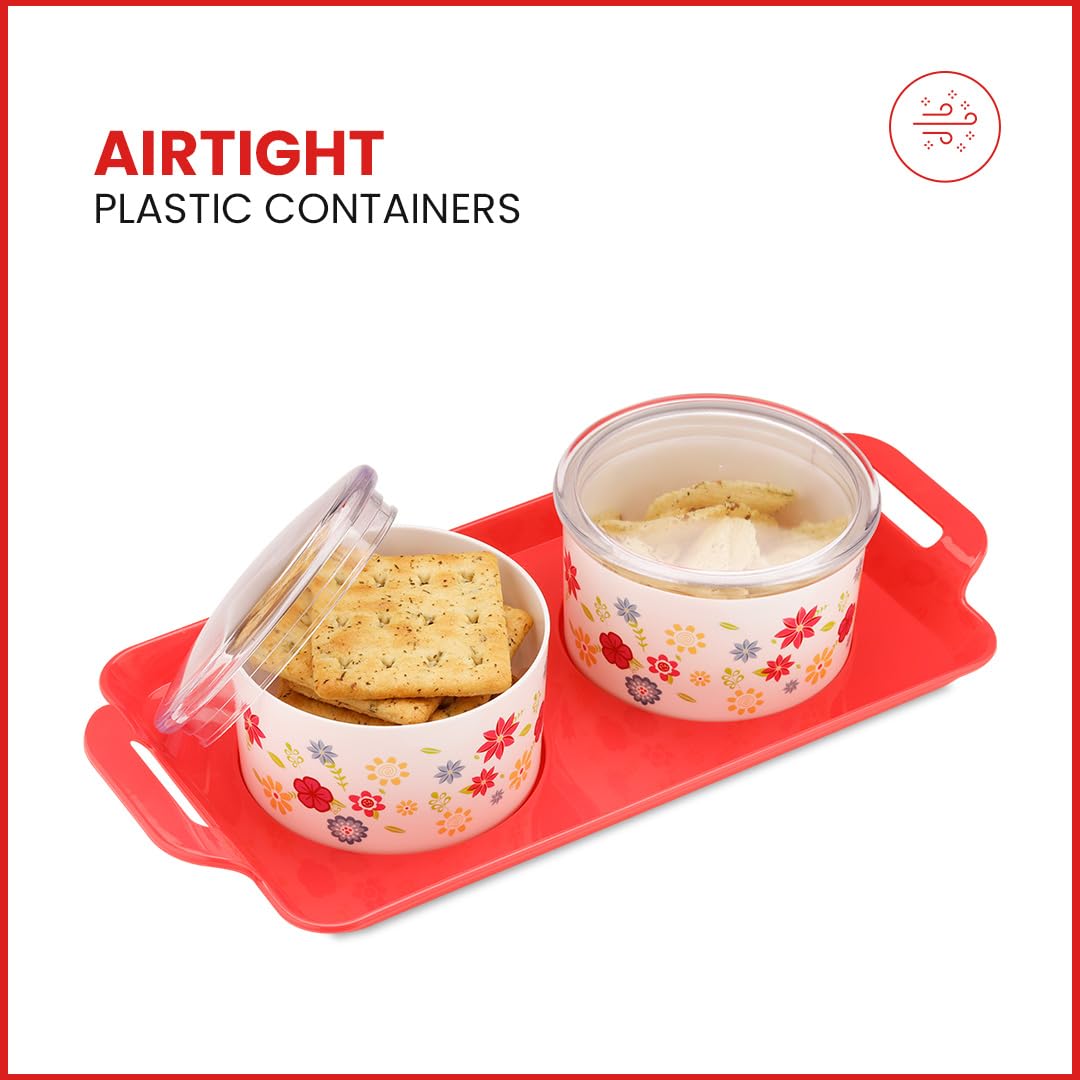 oliveware Blossom Dry Fruit Container Tray with Airtight Lid, BPA Free, For Snacks & Dry Fruits, 2 Containers (350ml) each - Red
